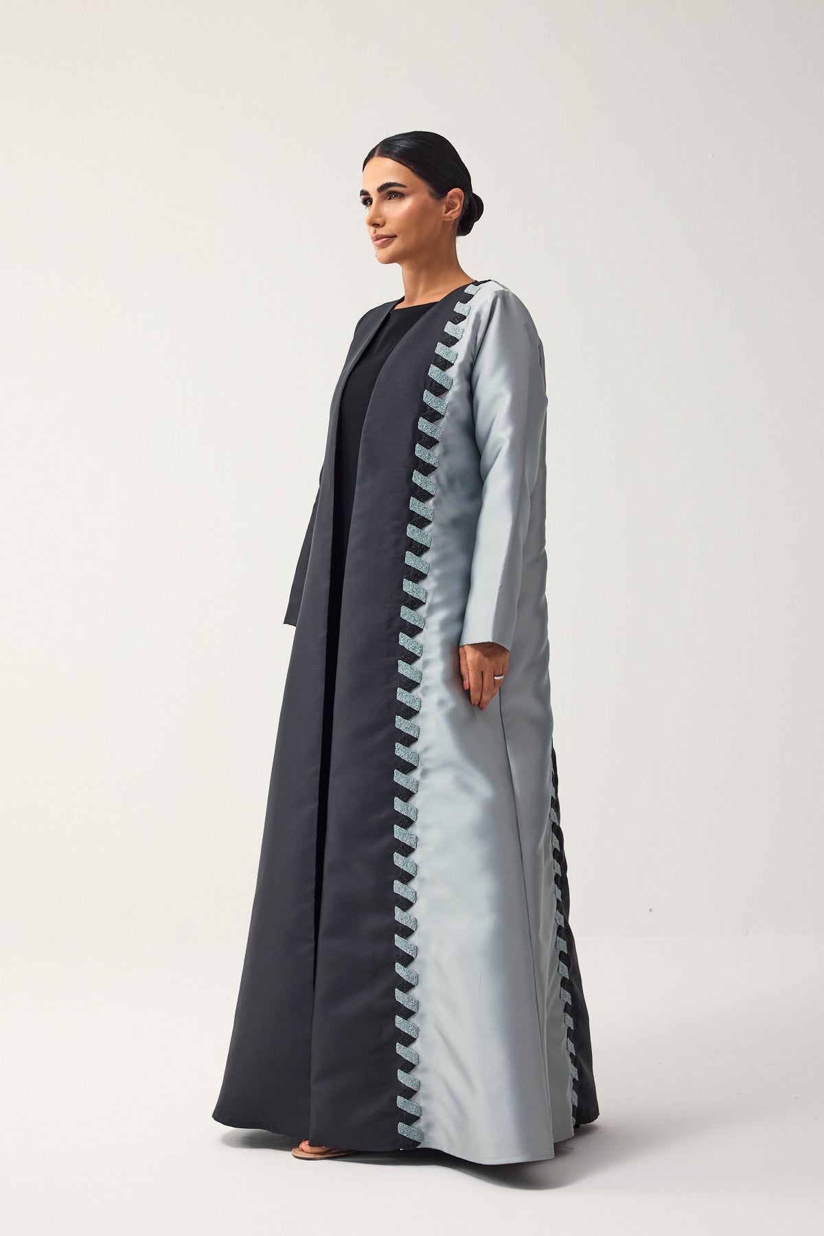 BLACK AND GREY A-LINE SATIN FORMAL ABAYA