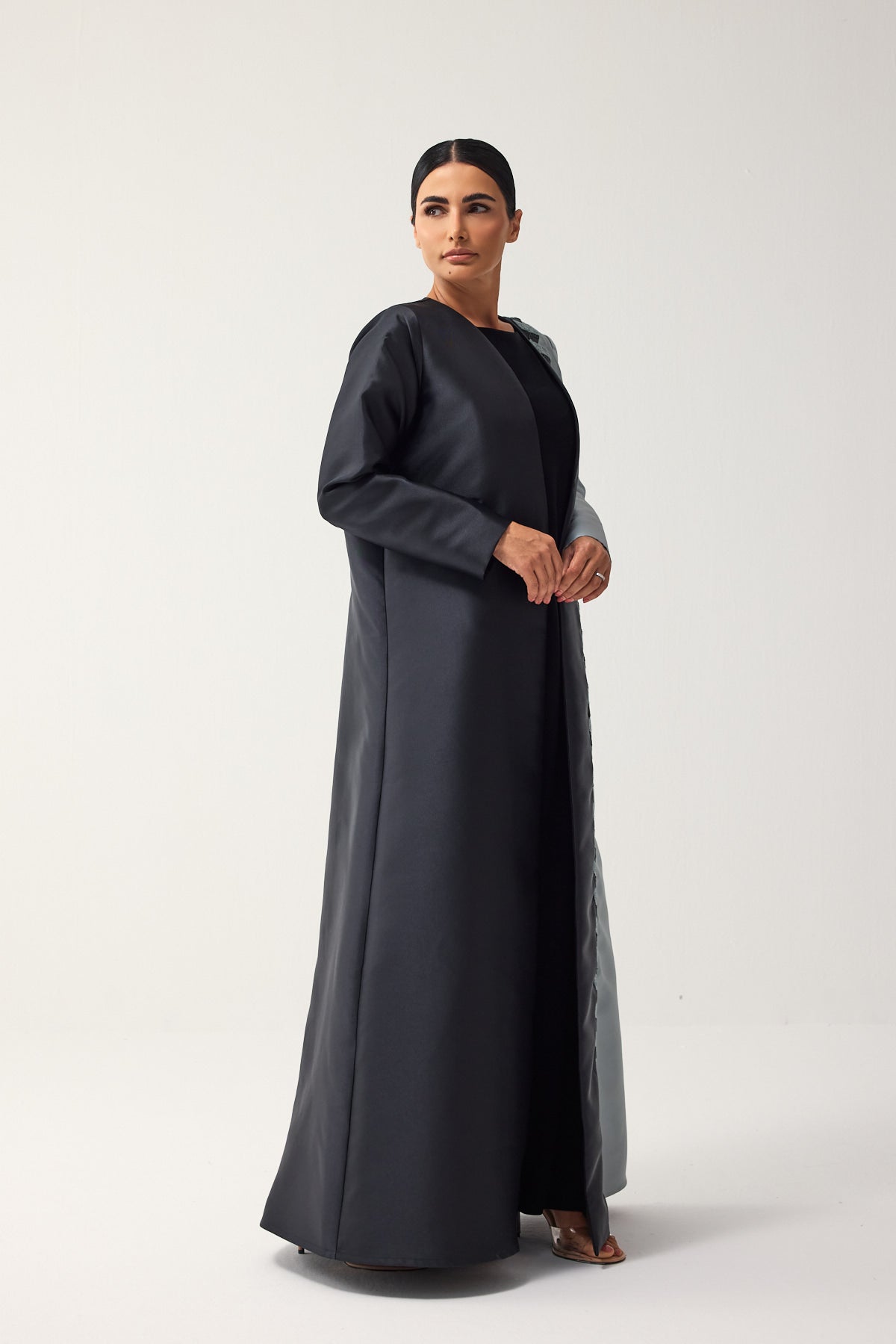 BLACK AND GREY A-LINE SATIN FORMAL ABAYA