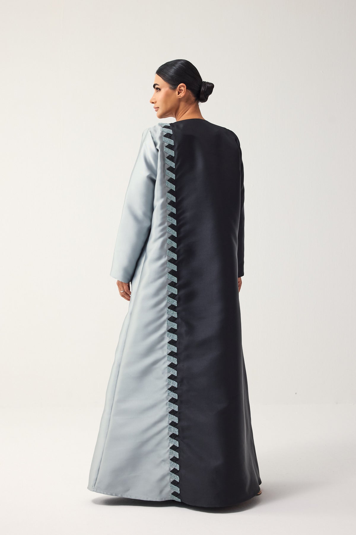 BLACK AND GREY A-LINE SATIN FORMAL ABAYA