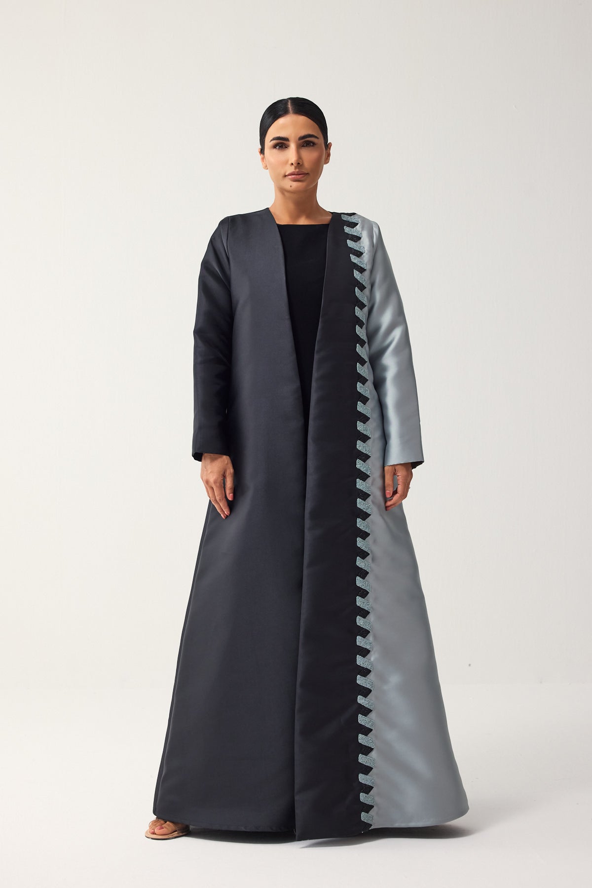 BLACK AND GREY A-LINE SATIN FORMAL ABAYA