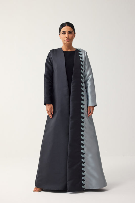 BLACK AND GREY A-LINE SATIN FORMAL ABAYA