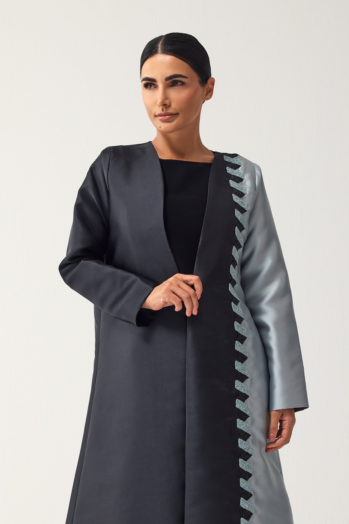 BLACK AND GREY A-LINE SATIN FORMAL ABAYA