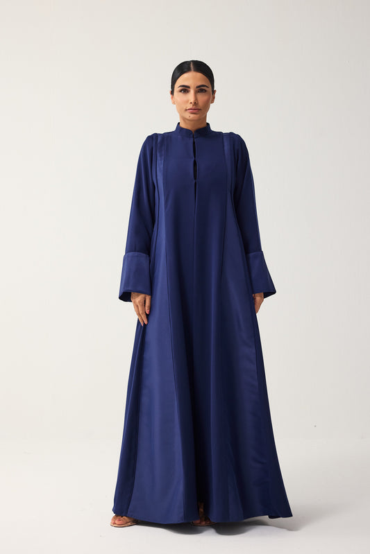 NAVY BLUE LOOSE FIT PANELLED CREPE AND SATIN ABAYA