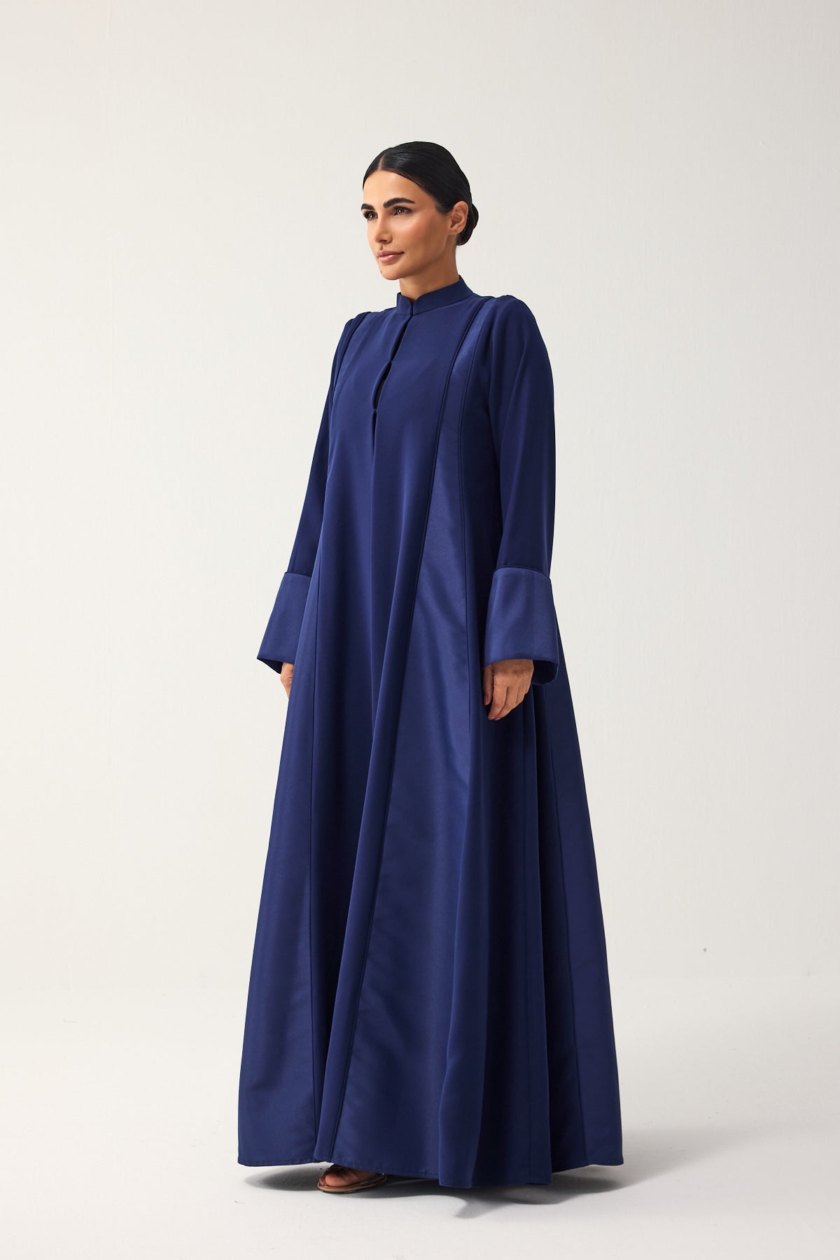 NAVY BLUE LOOSE FIT PANELLED CREPE AND SATIN ABAYA