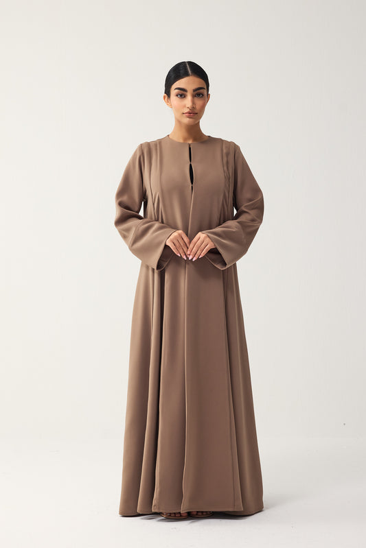BROWN LOOSE FIT PANELLED CREPE ABAYA