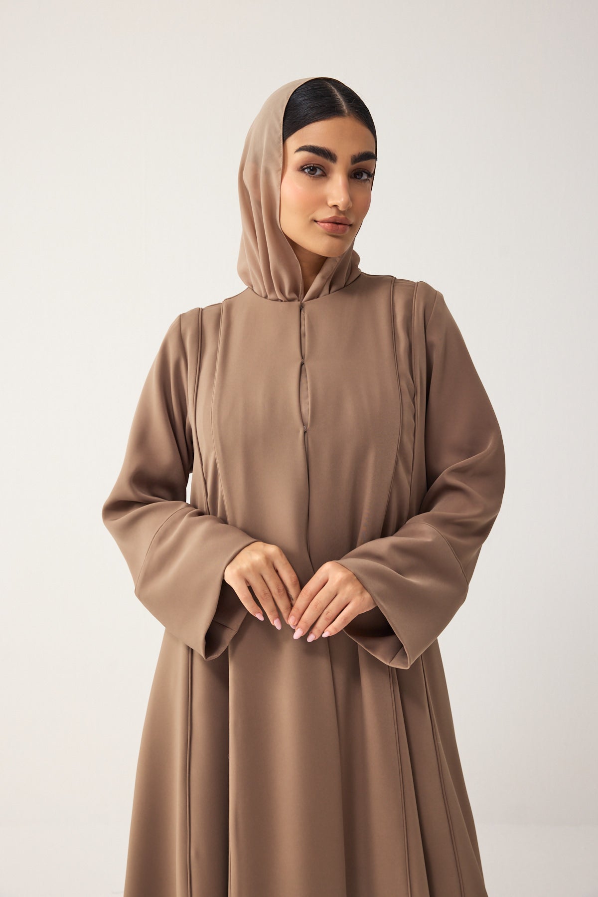 BROWN LOOSE FIT PANELLED CREPE ABAYA