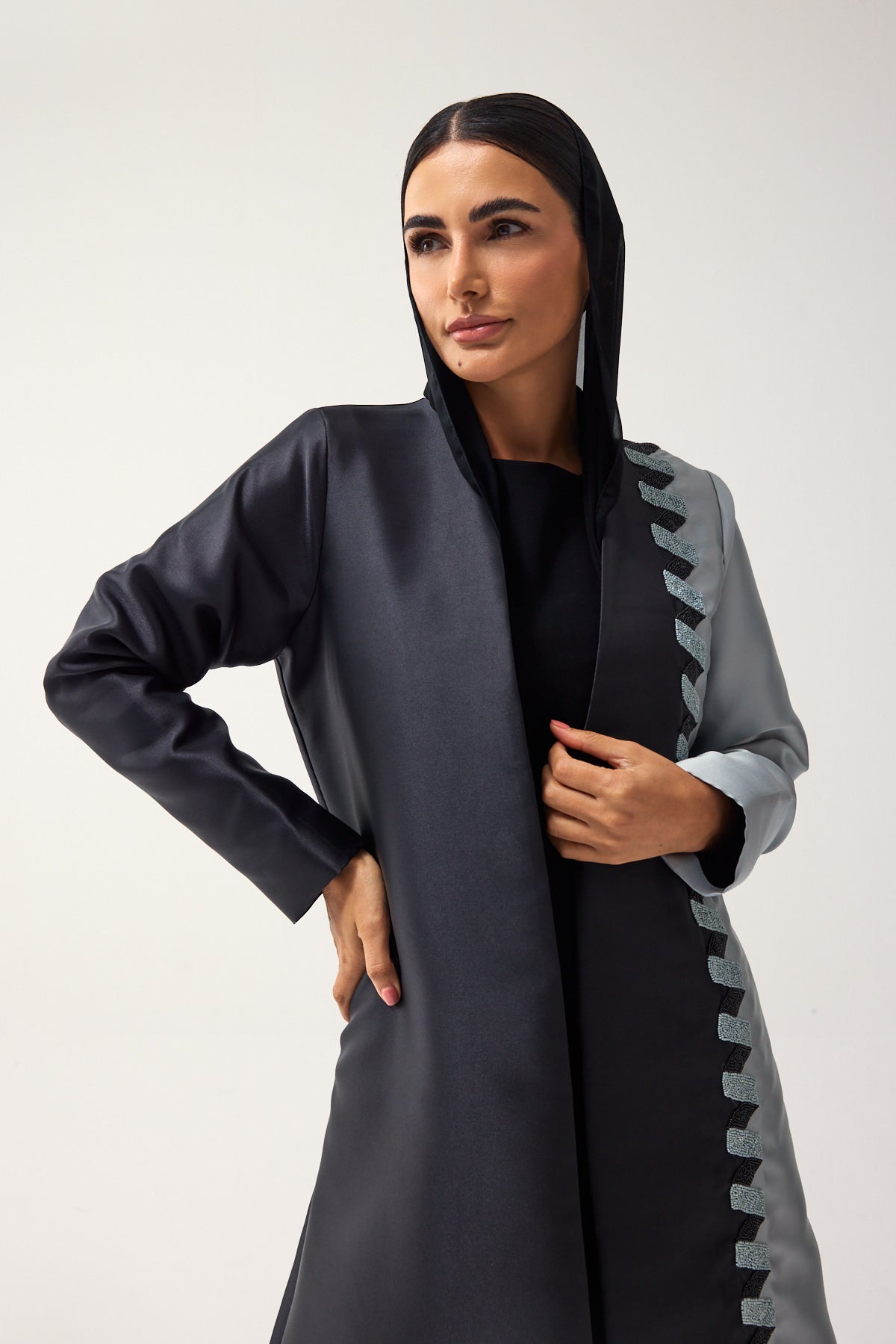 BLACK AND GREY A-LINE SATIN FORMAL ABAYA