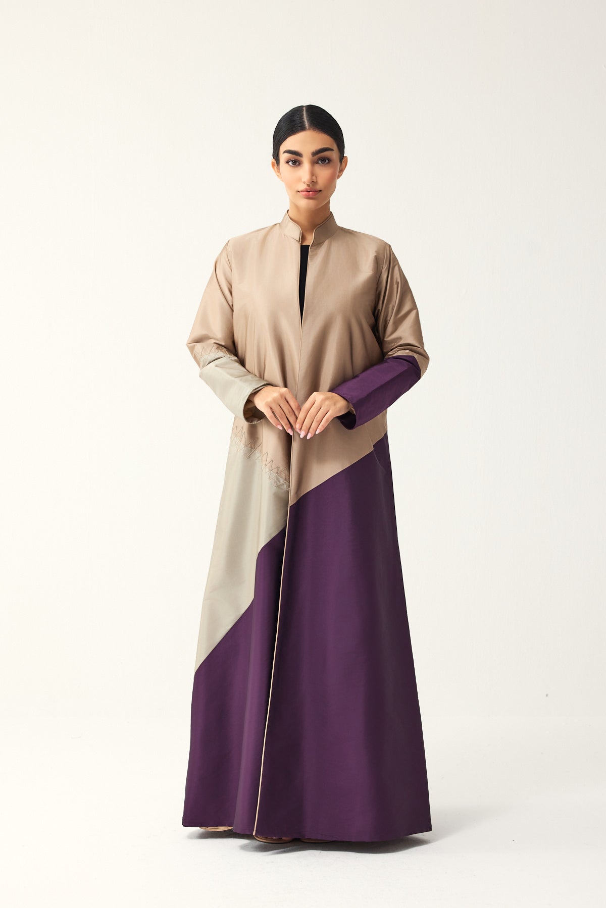 BEIGE AND PURPLE STRAIGHT FIT PANELLED ABAYA