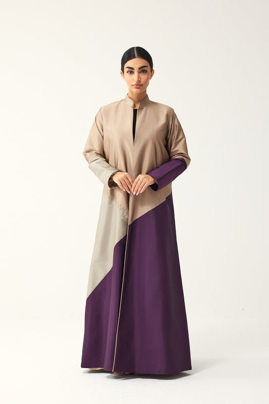 BEIGE AND PURPLE STRAIGHT FIT PANELLED ABAYA