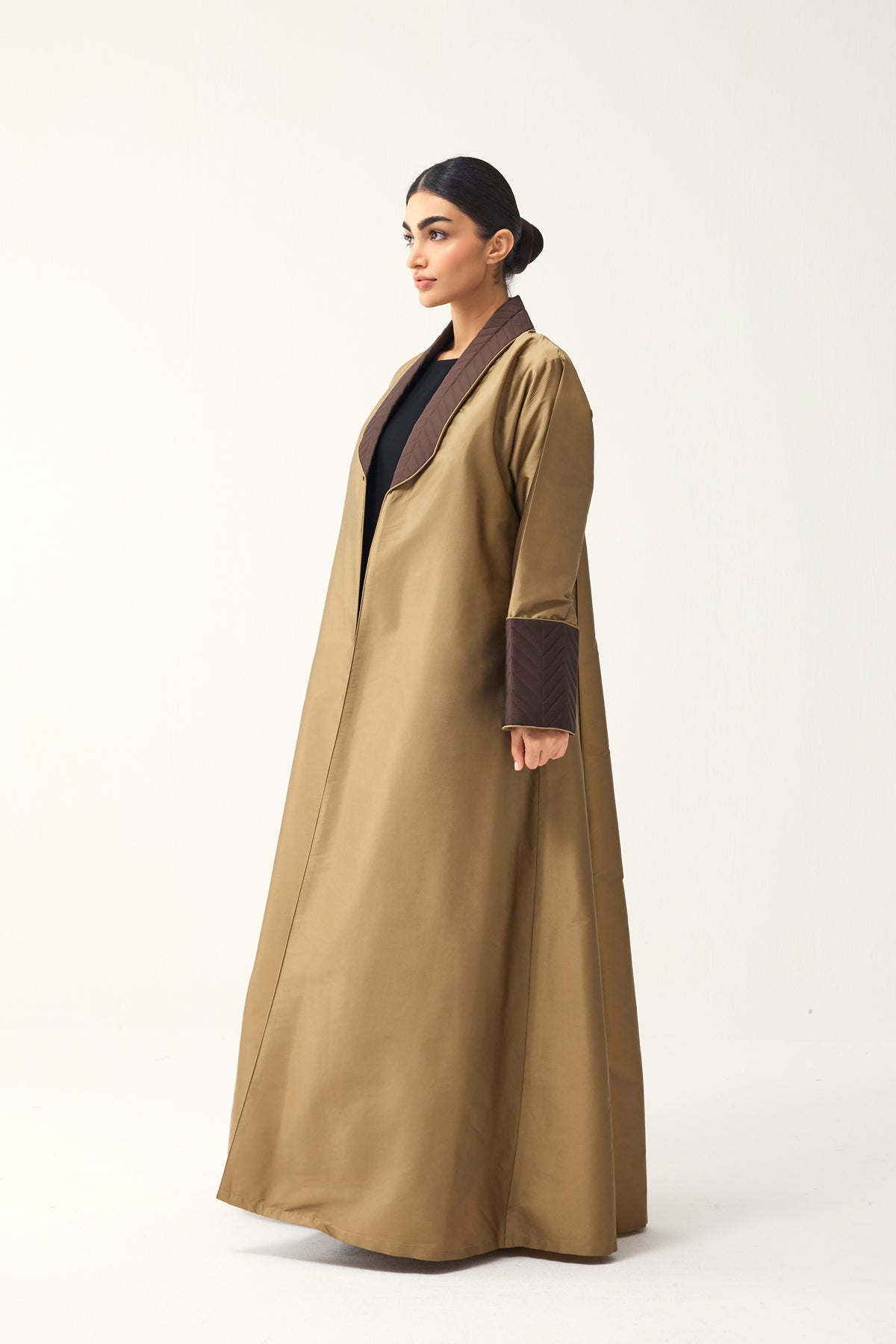 OLIVE AND BROWN A-LINE FIT TAFFETA ABAYA