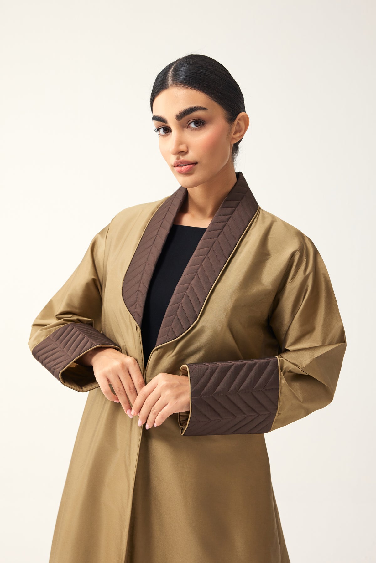 OLIVE AND BROWN A-LINE FIT TAFFETA ABAYA