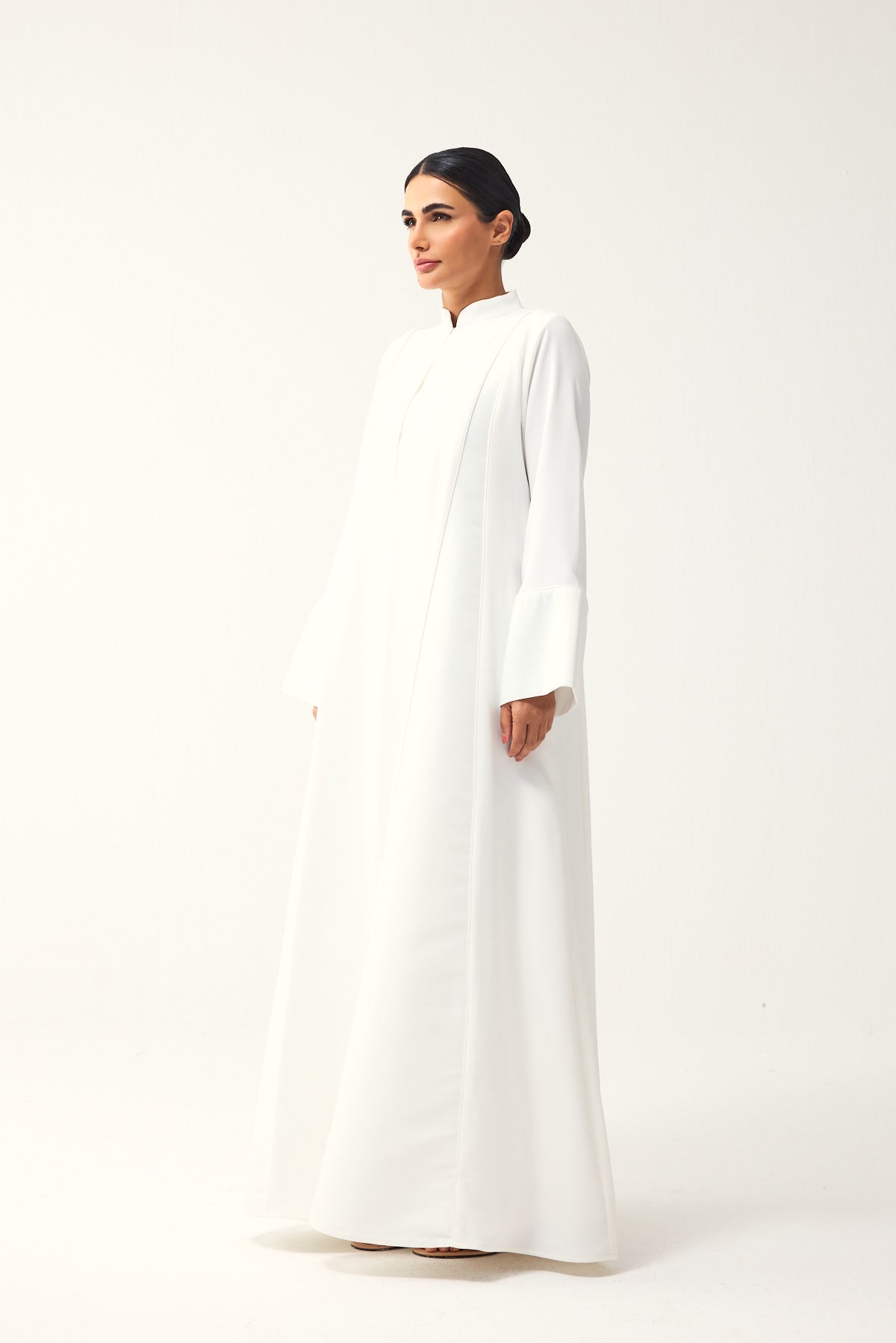 OFF-WHITE LOOSE FIT PANELLED CREPE AND SATIN ABAYA