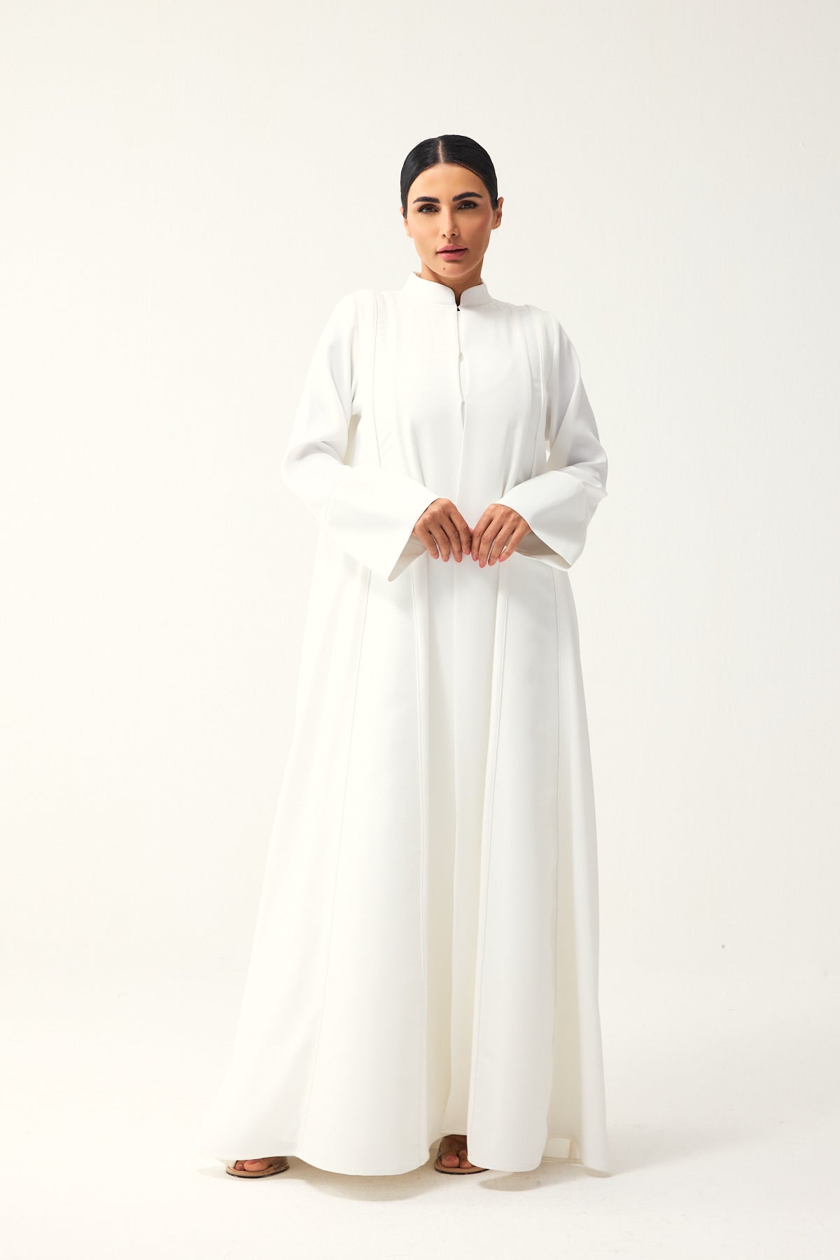 OFF-WHITE LOOSE FIT PANELLED CREPE AND SATIN ABAYA
