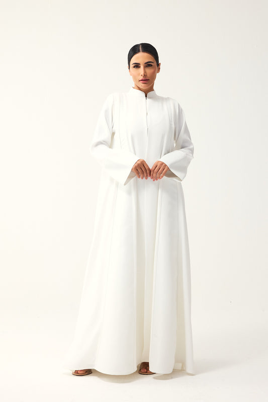 OFF-WHITE LOOSE FIT PANELLED CREPE AND SATIN ABAYA
