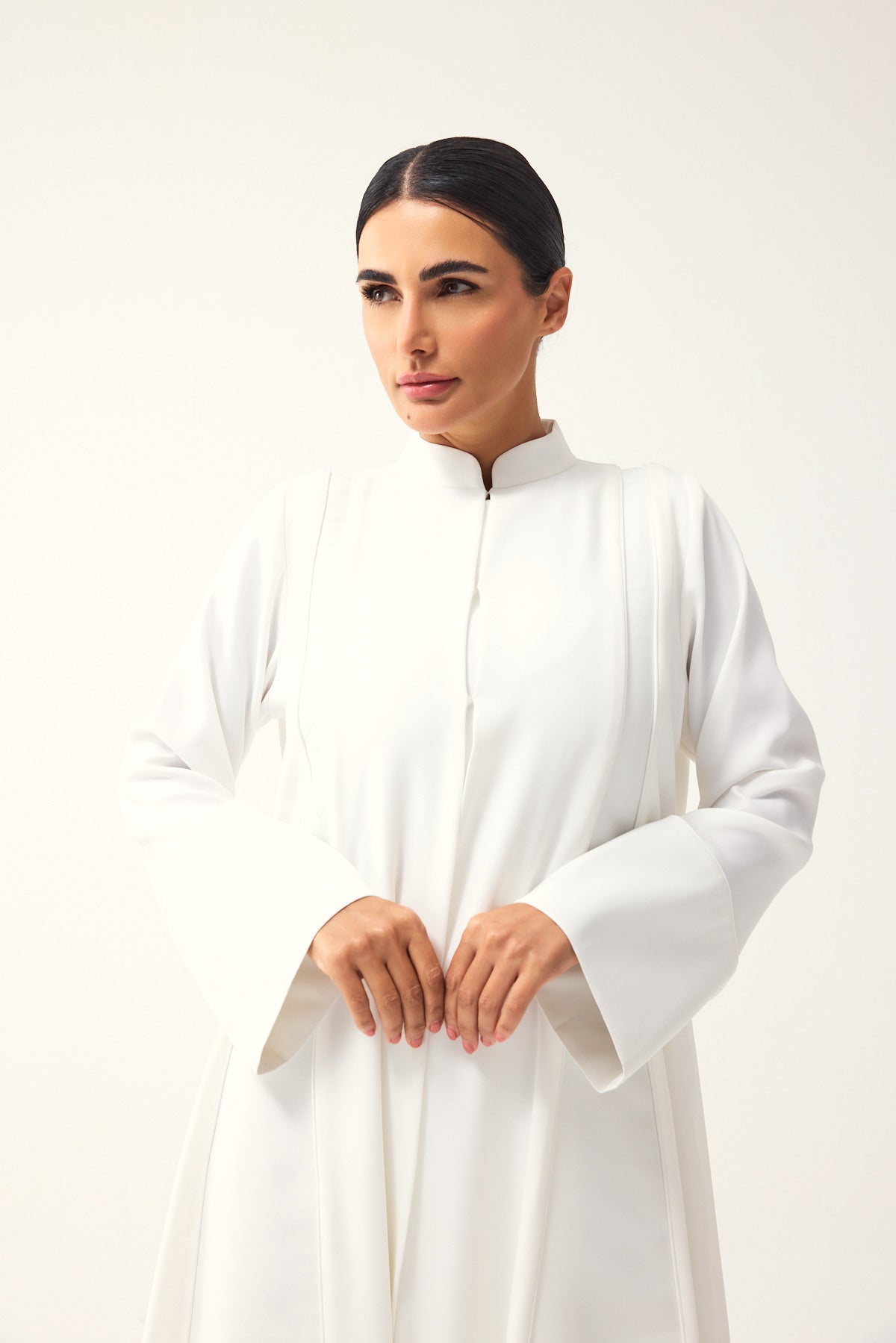 OFF-WHITE LOOSE FIT PANELLED CREPE AND SATIN ABAYA