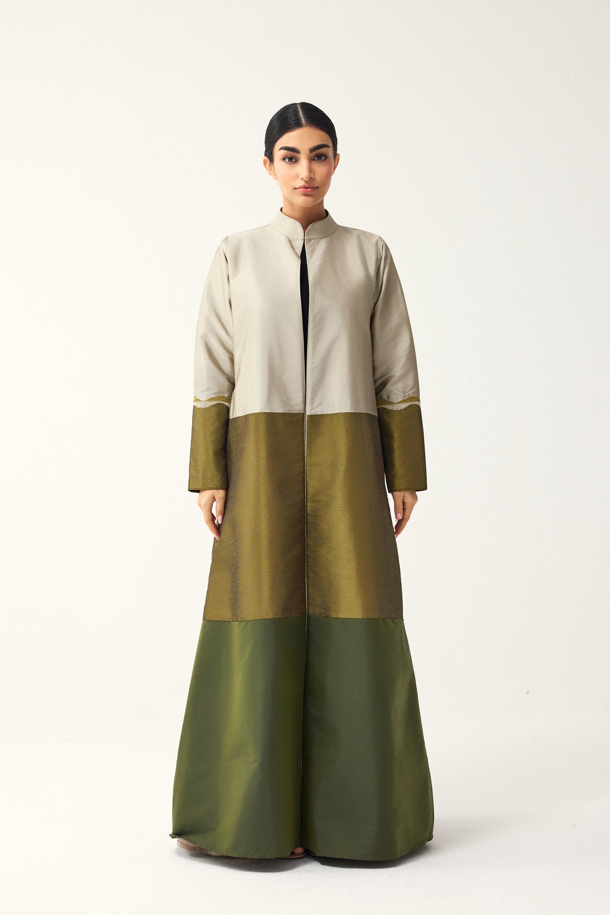 GREY, OLIVE AND SAP GREEN STRAIGHT FIT PANELLED ABAYA