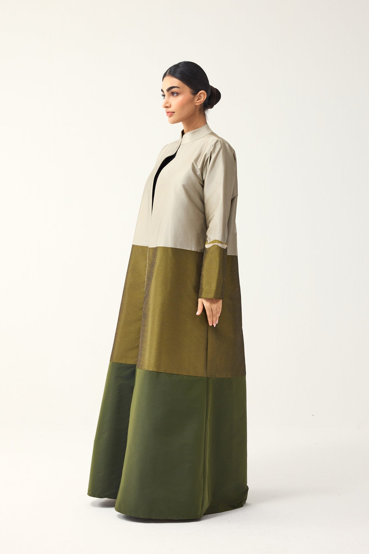 GREY, OLIVE AND SAP GREEN STRAIGHT FIT PANELLED ABAYA