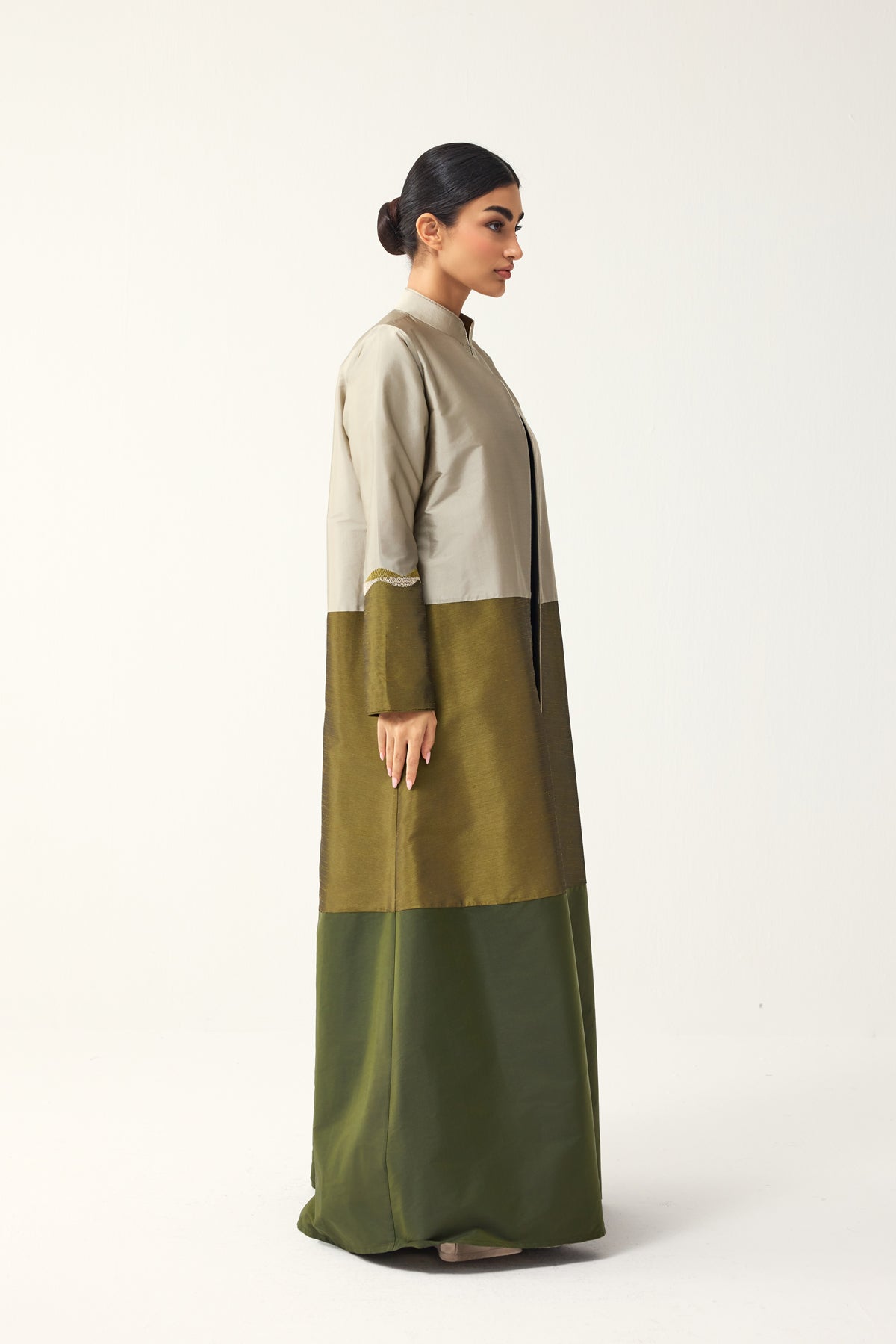 GREY, OLIVE AND SAP GREEN STRAIGHT FIT PANELLED ABAYA