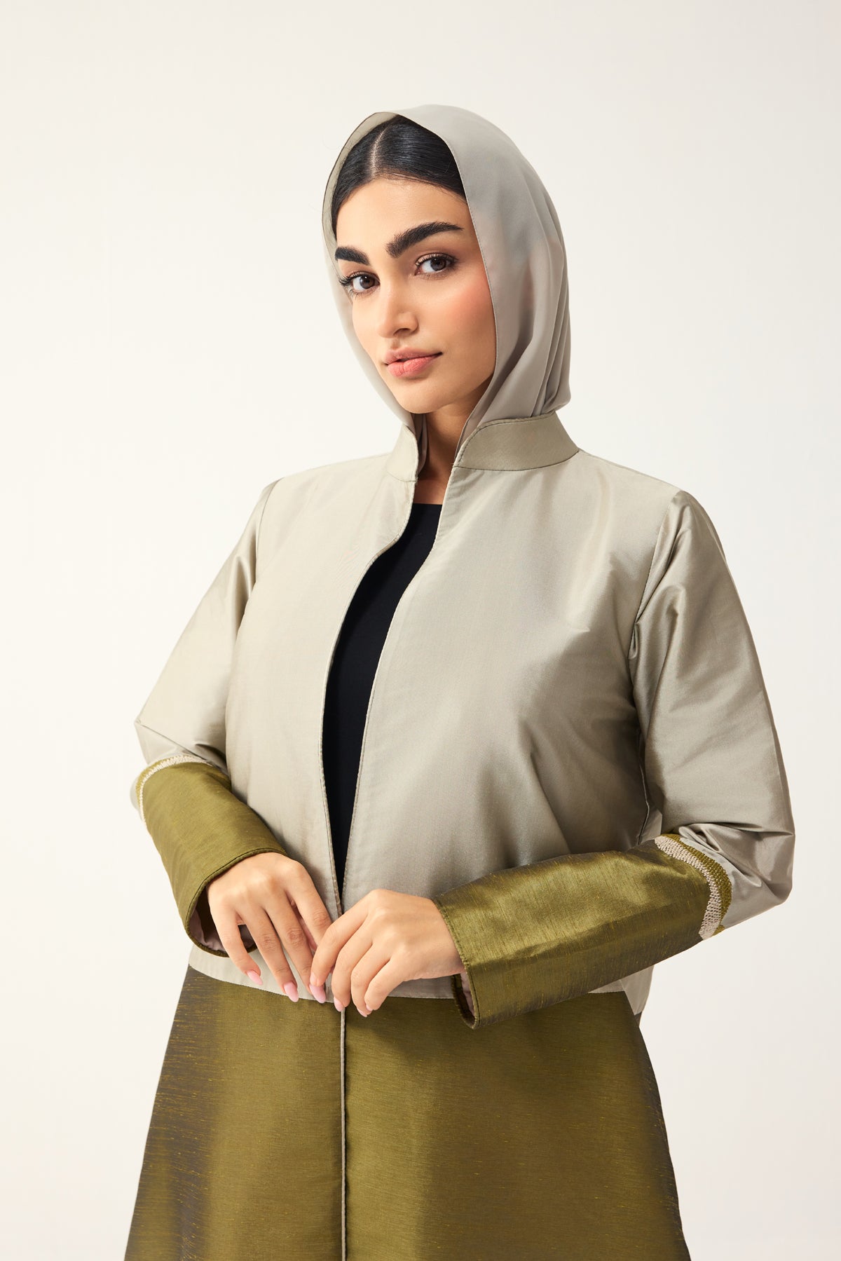 GREY, OLIVE AND SAP GREEN STRAIGHT FIT PANELLED ABAYA