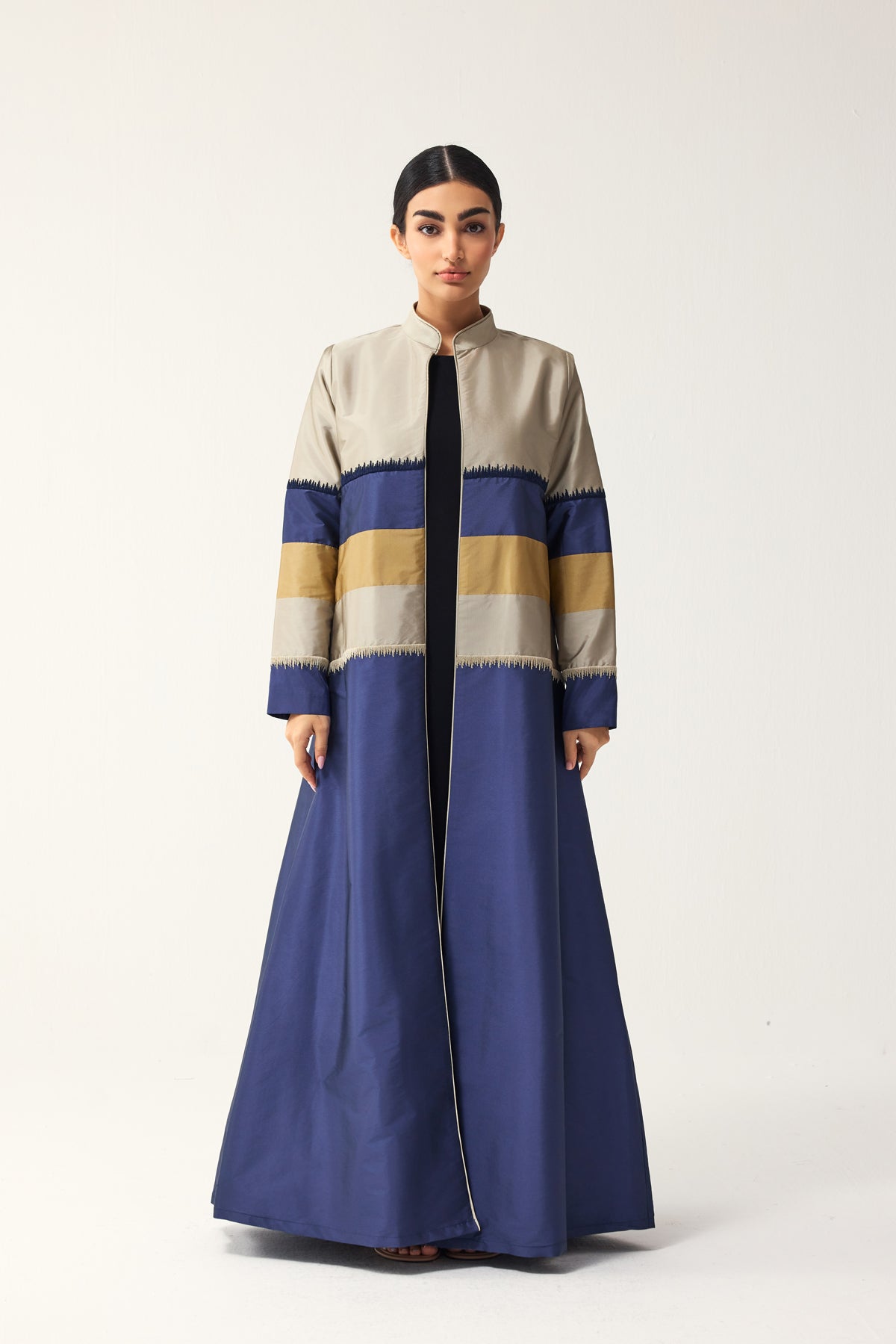 BLUE, GREY AND PALE YELLOW STRAIGHT FIT PANELLED ABAYA
