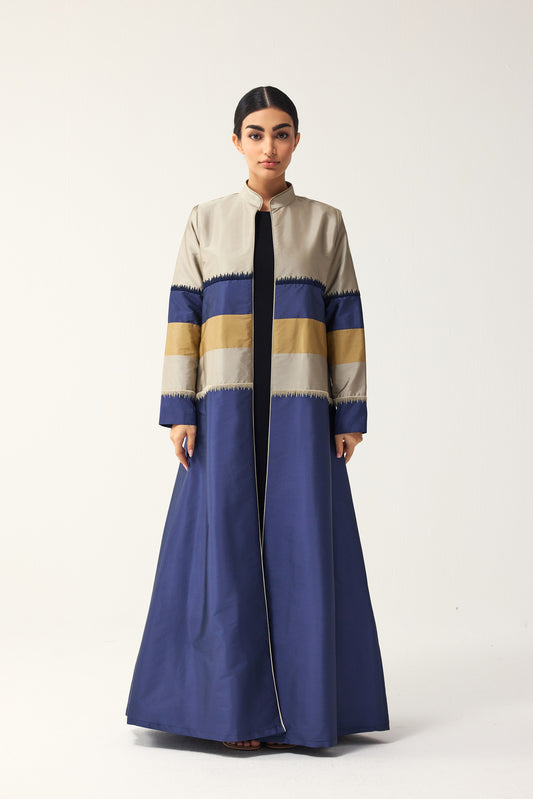 BLUE, GREY AND PALE YELLOW STRAIGHT FIT PANELLED ABAYA