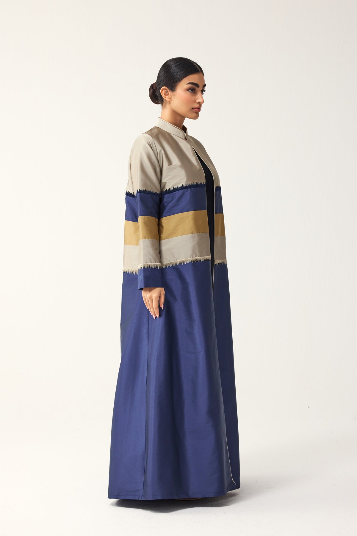 BLUE, GREY AND PALE YELLOW STRAIGHT FIT PANELLED ABAYA