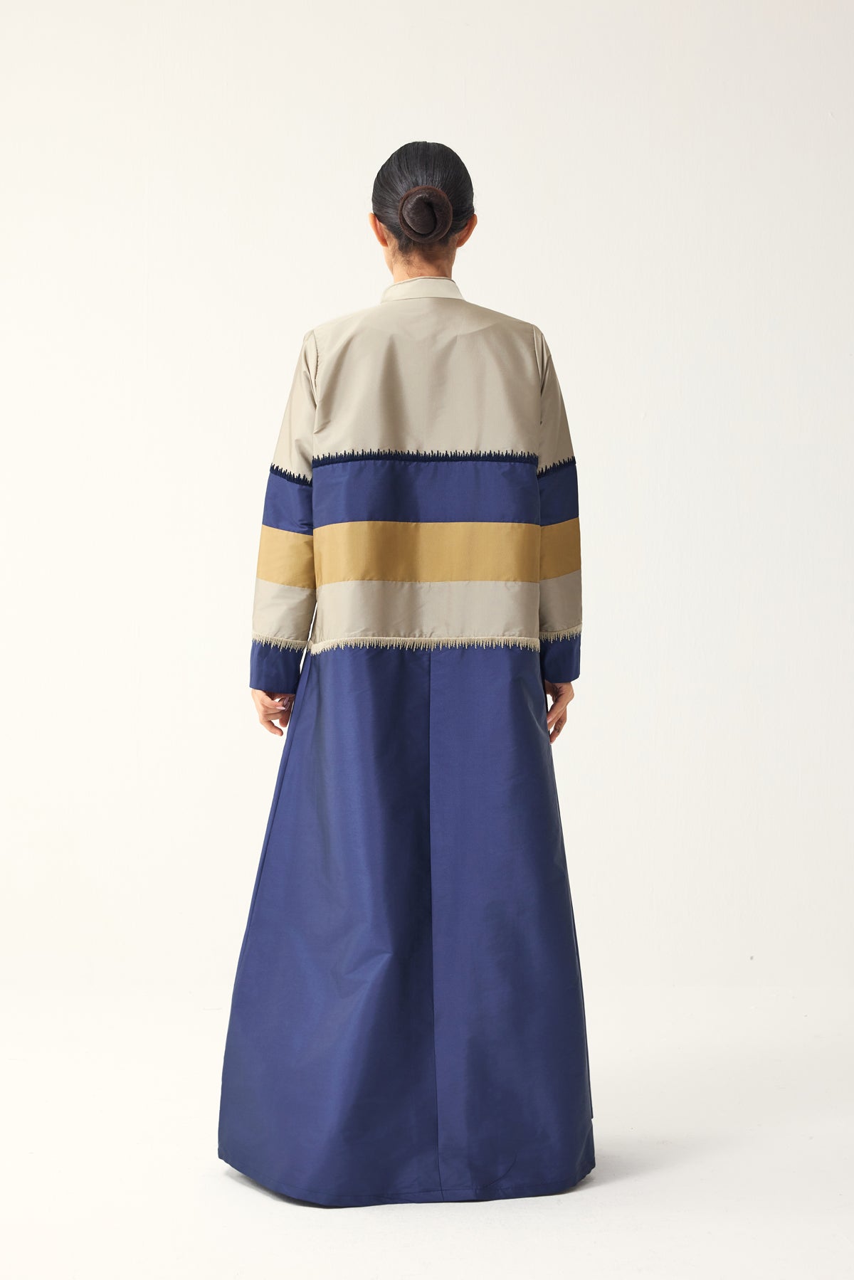 BLUE, GREY AND PALE YELLOW STRAIGHT FIT PANELLED ABAYA