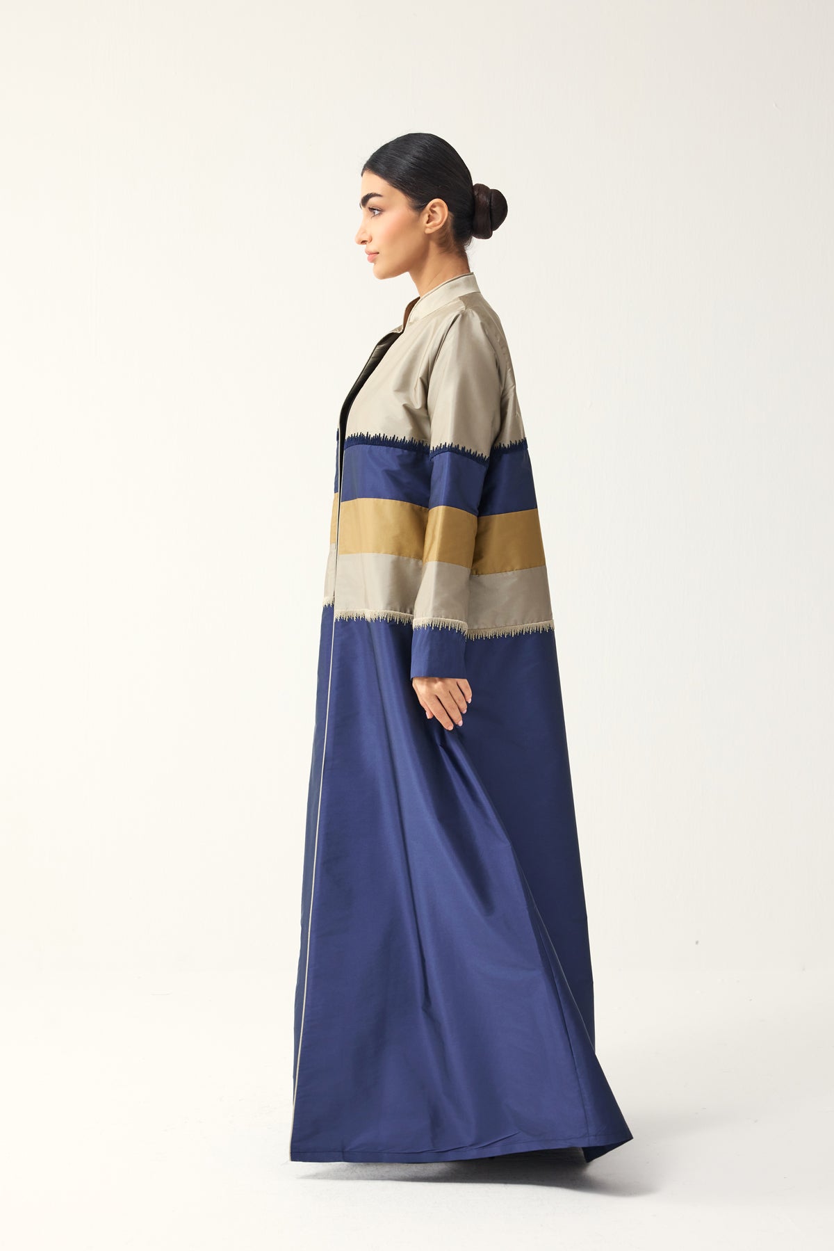 BLUE, GREY AND PALE YELLOW STRAIGHT FIT PANELLED ABAYA