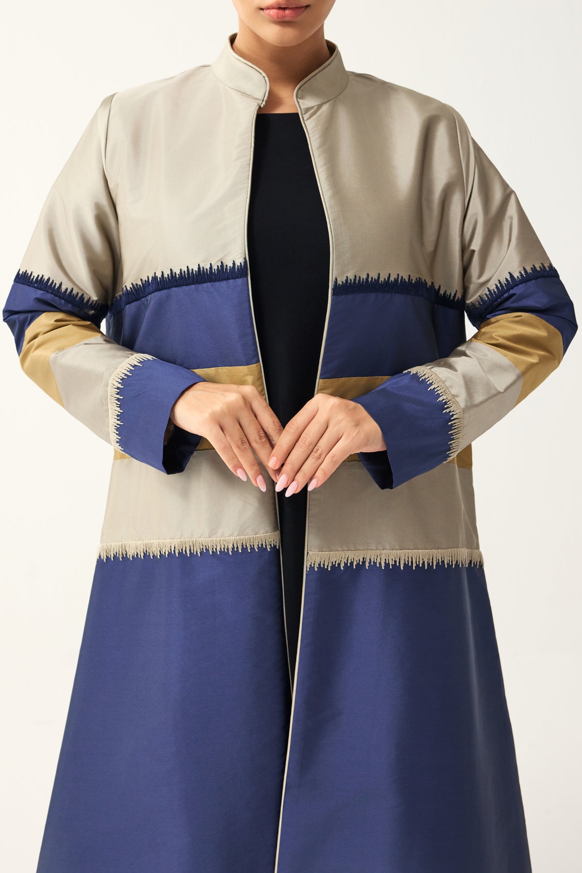 BLUE, GREY AND PALE YELLOW STRAIGHT FIT PANELLED ABAYA