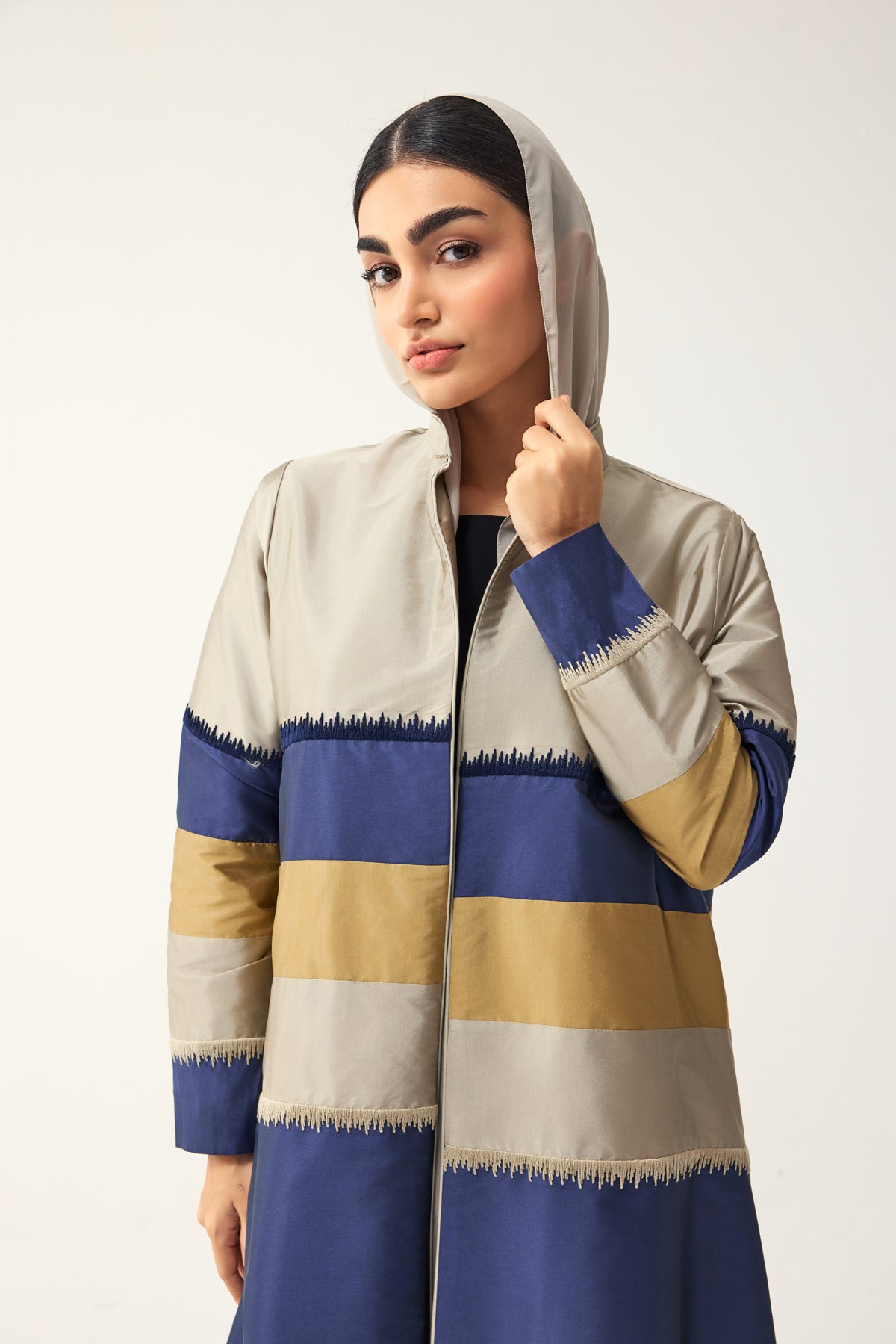 BLUE, GREY AND PALE YELLOW STRAIGHT FIT PANELLED ABAYA