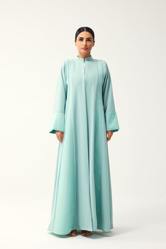 TIFFANY BLUE LOOSE FIT PANELLED CREPE AND SATIN ABAYA