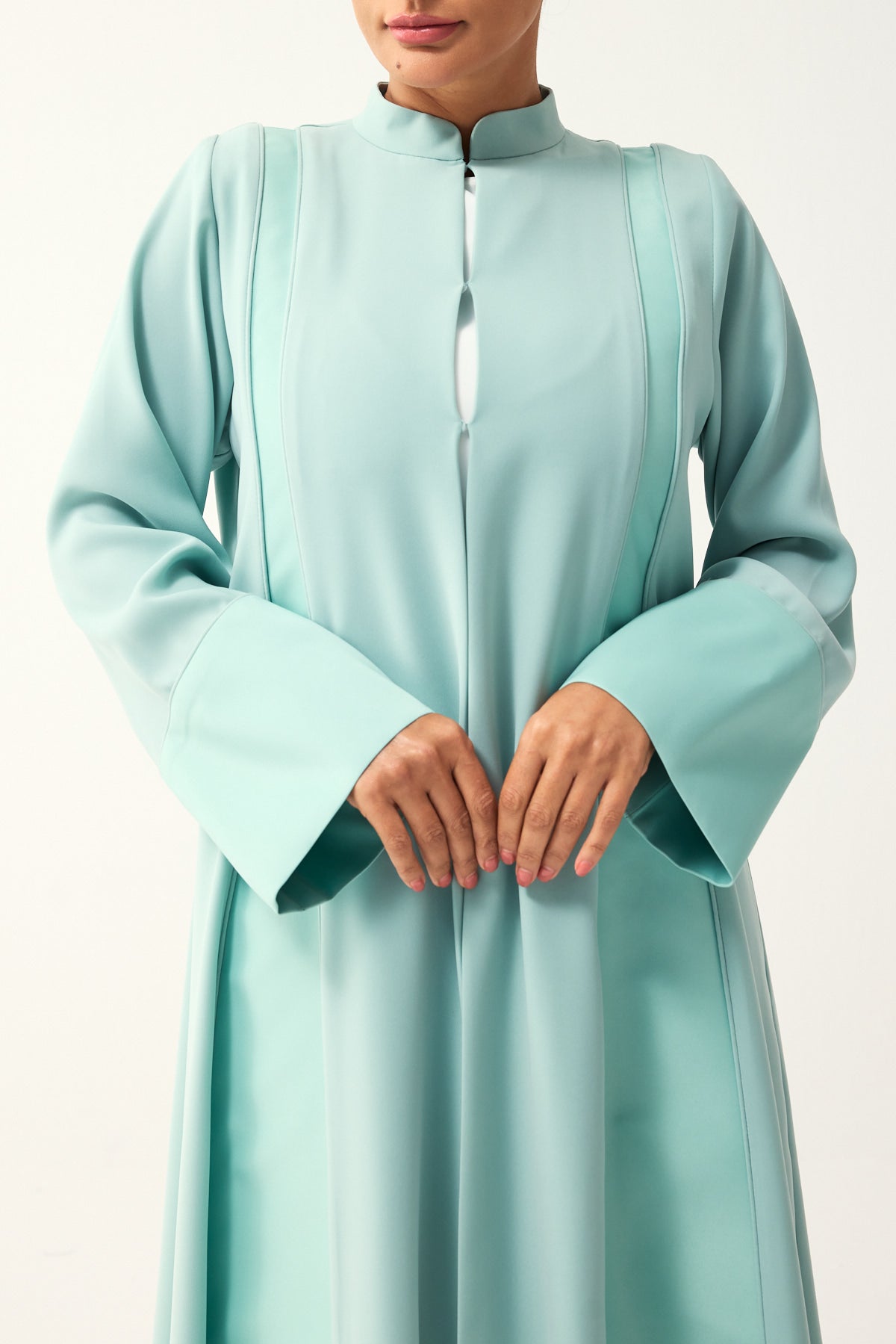 TIFFANY BLUE LOOSE FIT PANELLED CREPE AND SATIN ABAYA