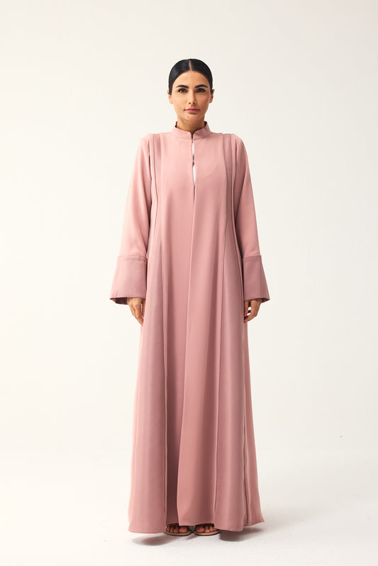 PINK LOOSE FIT PANELLED CREPE AND SATIN ABAYA