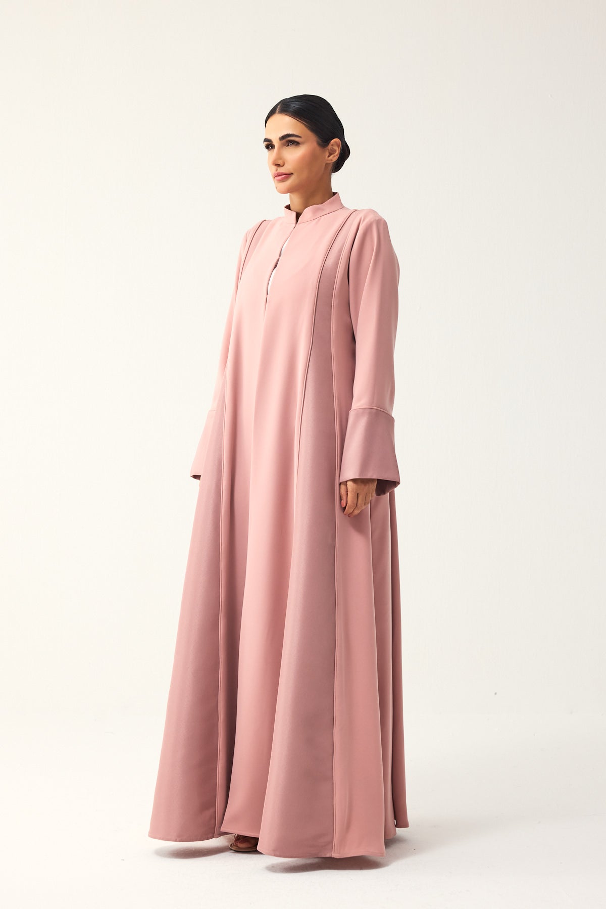 PINK LOOSE FIT PANELLED CREPE AND SATIN ABAYA