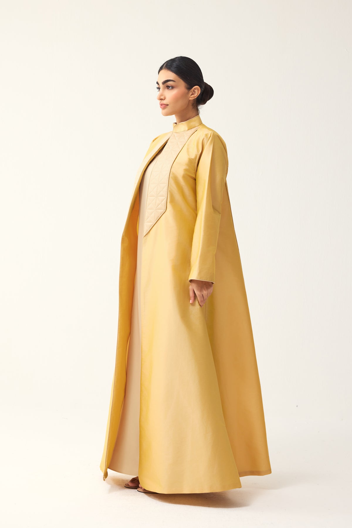 BUTTER YELLOW AND BEIGE A-LINE FIT TAFFETA ABAYA