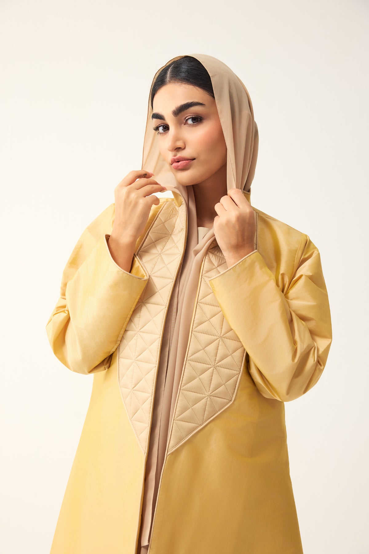BUTTER YELLOW AND BEIGE A-LINE FIT TAFFETA ABAYA