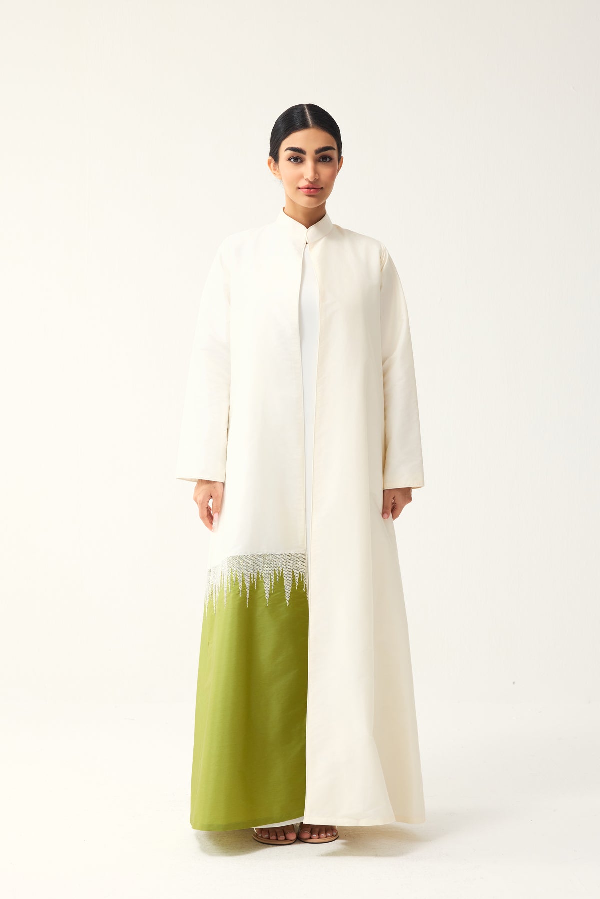 OFF-WHITE AND GREEN STRAIGHT FIT PANELLED ABAYA