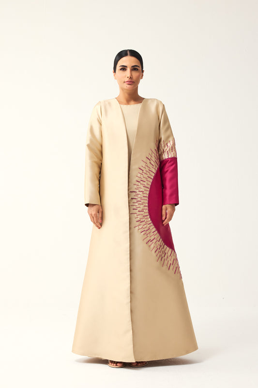 BEIGE AND PINK A-LINE SATIN FORMAL ABAYA