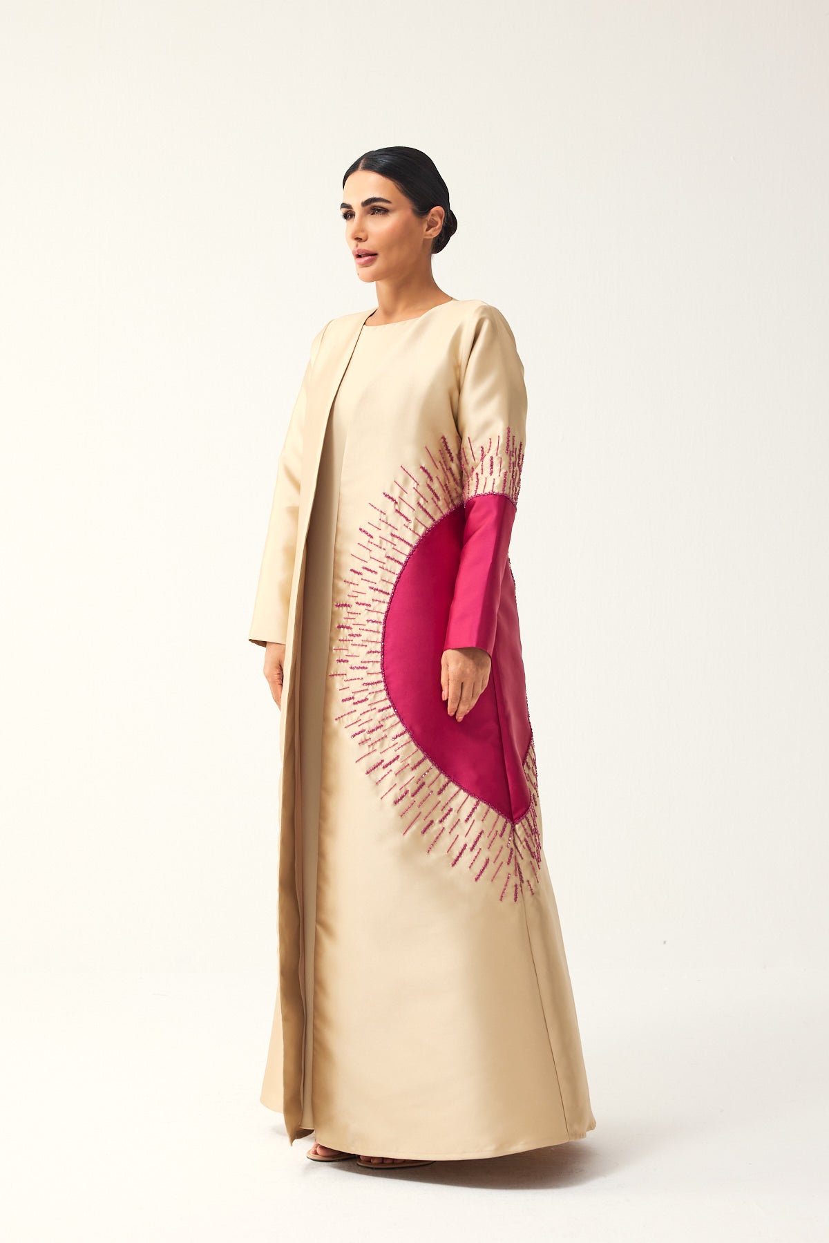 BEIGE AND PINK A-LINE SATIN FORMAL ABAYA