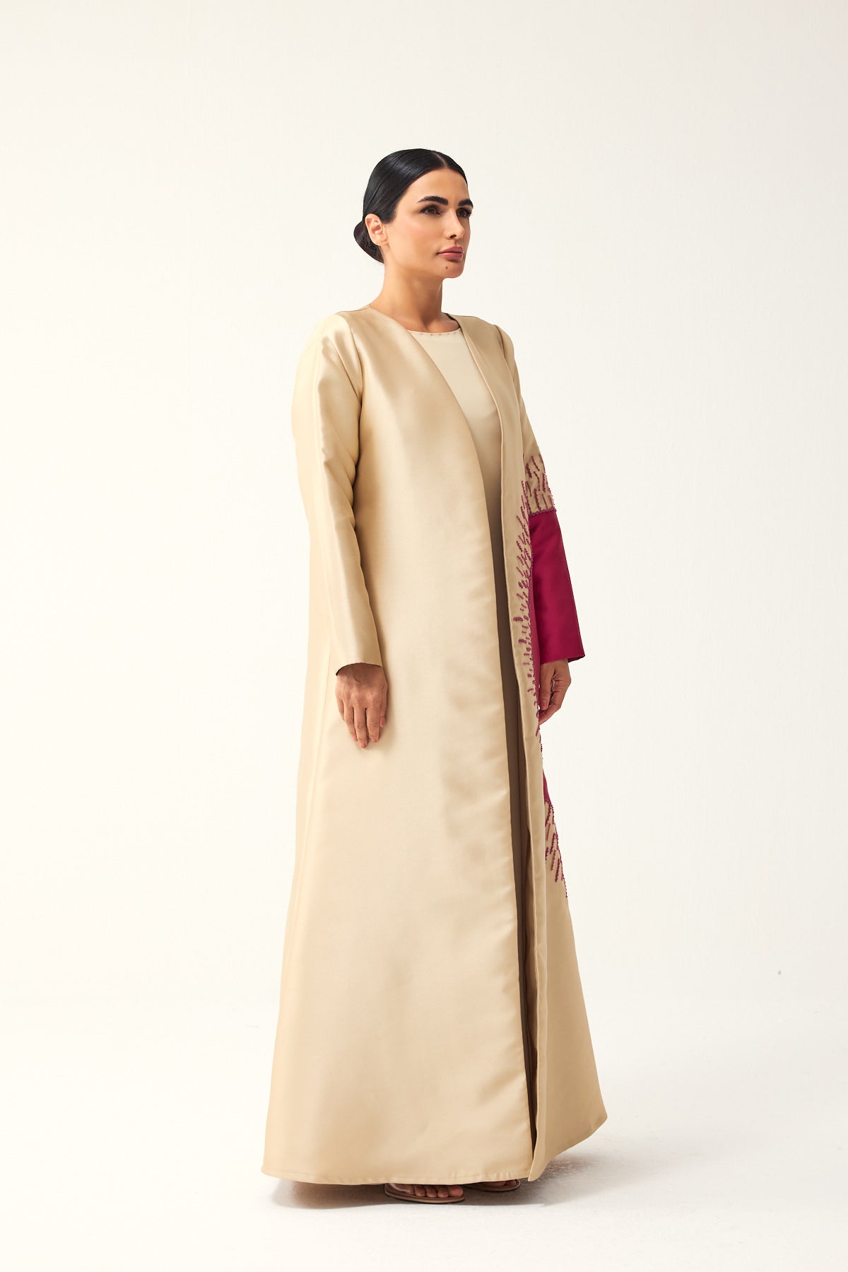 BEIGE AND PINK A-LINE SATIN FORMAL ABAYA