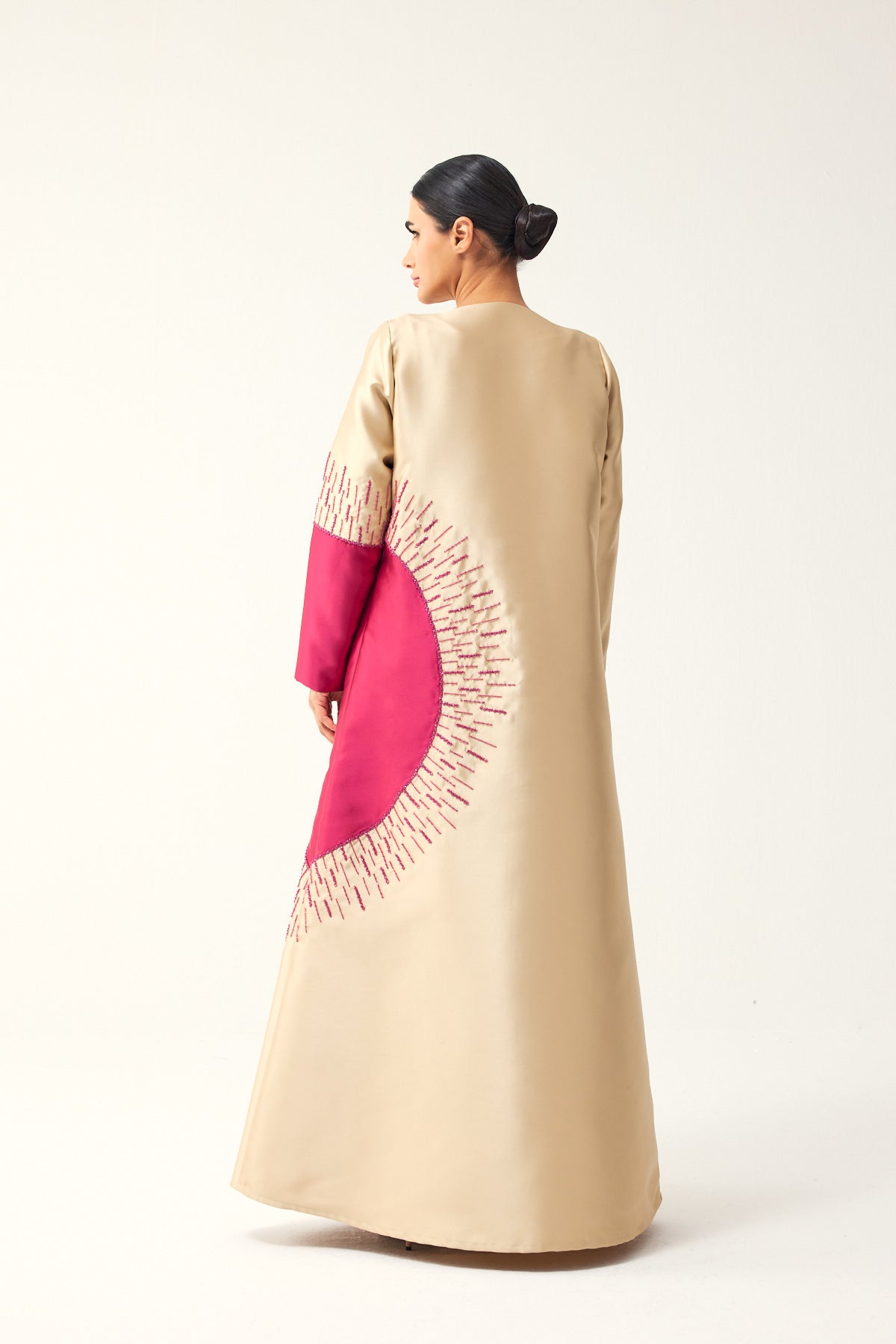 BEIGE AND PINK A-LINE SATIN FORMAL ABAYA