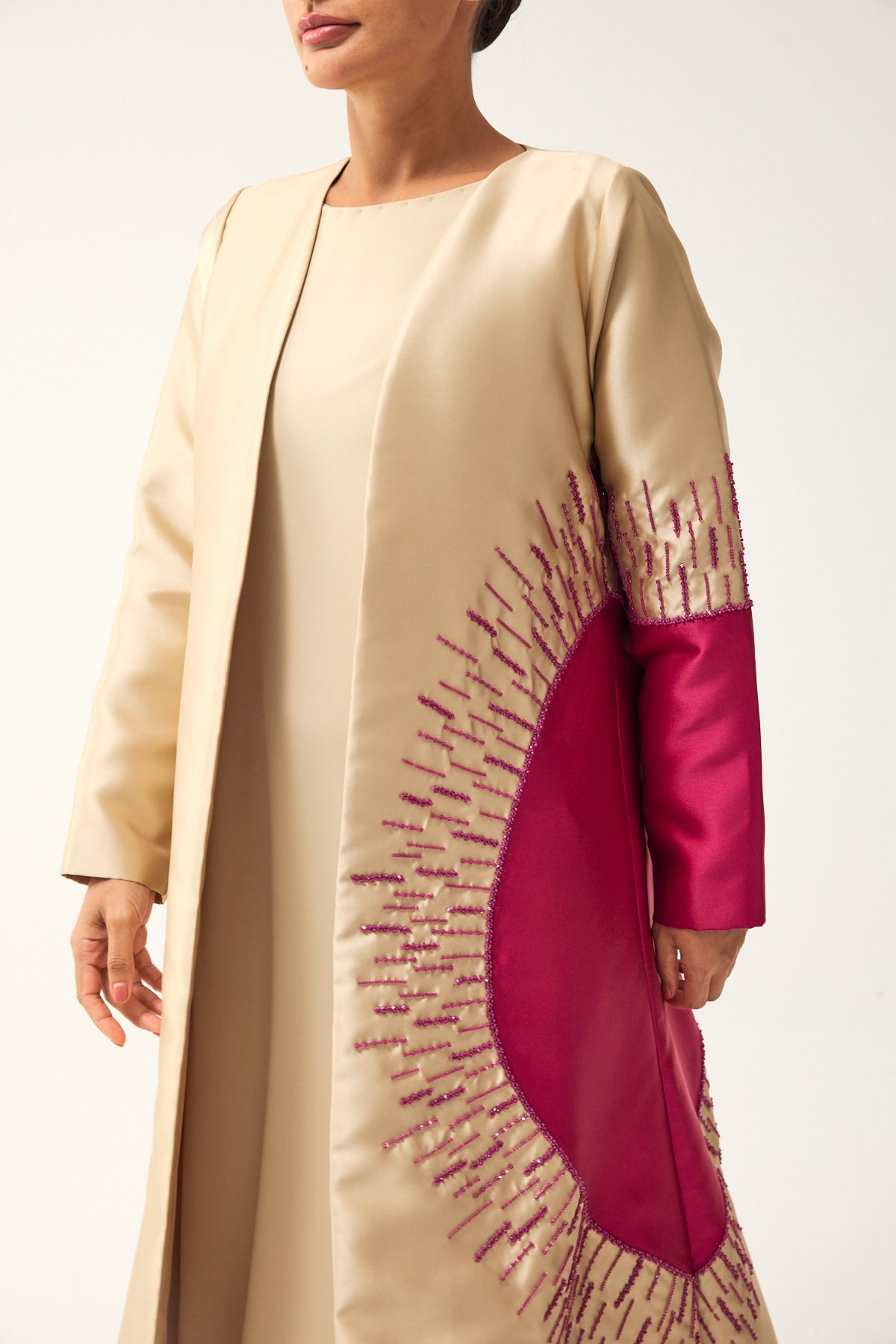 BEIGE AND PINK A-LINE SATIN FORMAL ABAYA