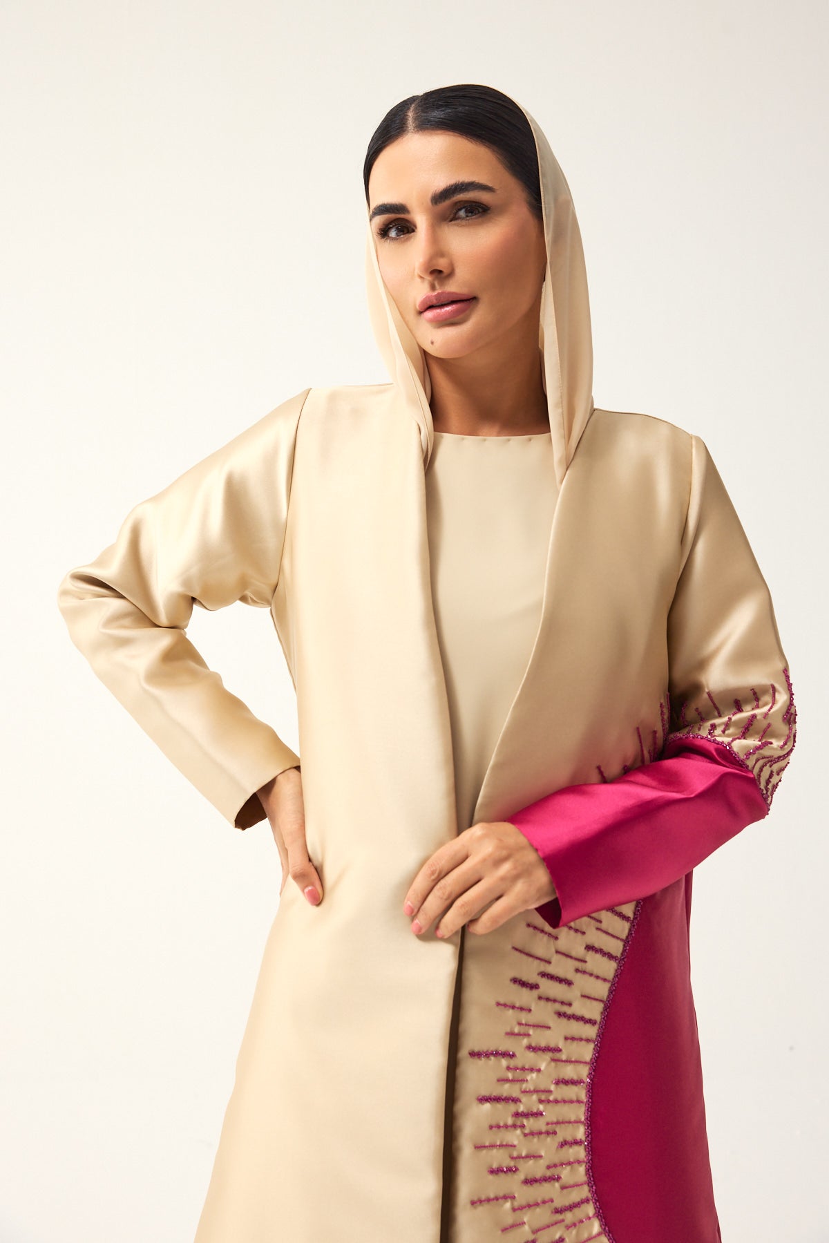 BEIGE AND PINK A-LINE SATIN FORMAL ABAYA