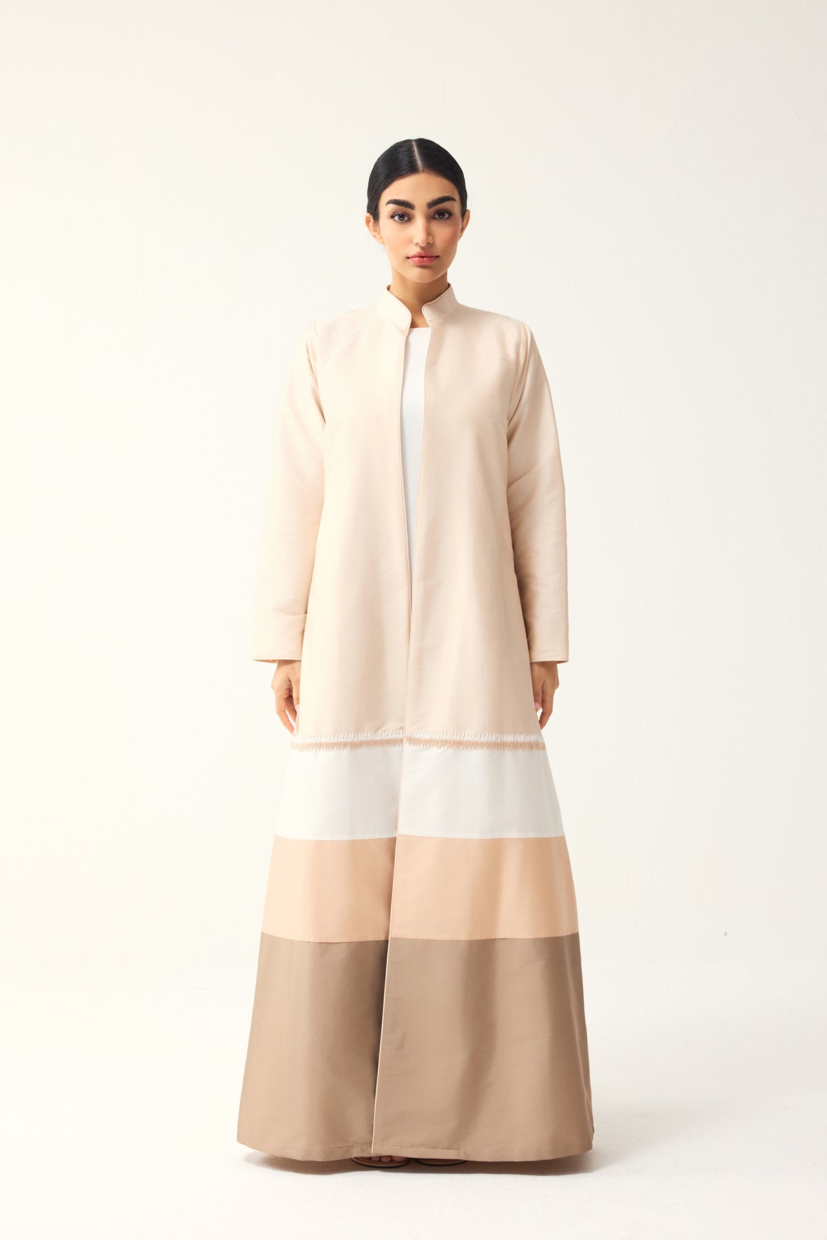 OFF-WHITE, CREAM AND LIGHT BROWN STRAIGHT FIT PANELLED ABAYA