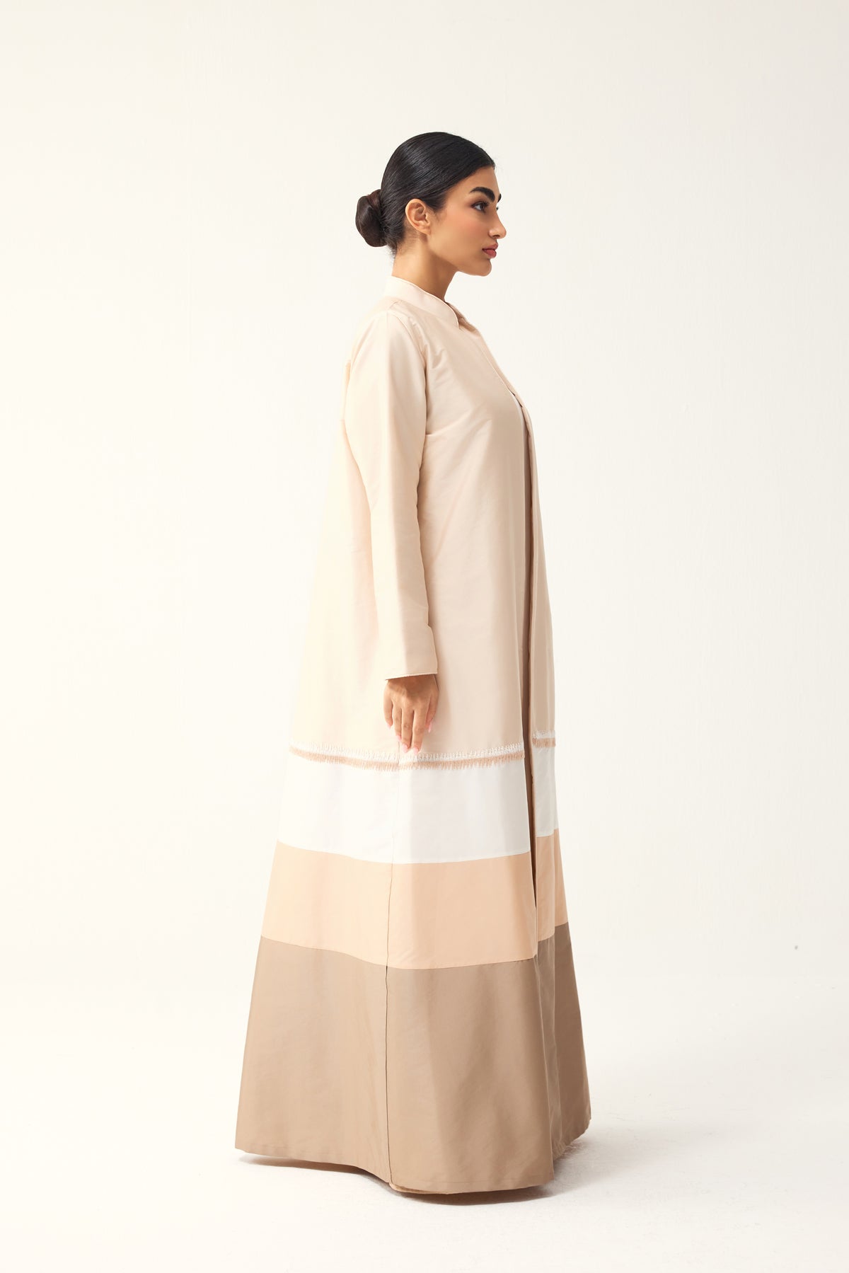 OFF-WHITE, CREAM AND LIGHT BROWN STRAIGHT FIT PANELLED ABAYA