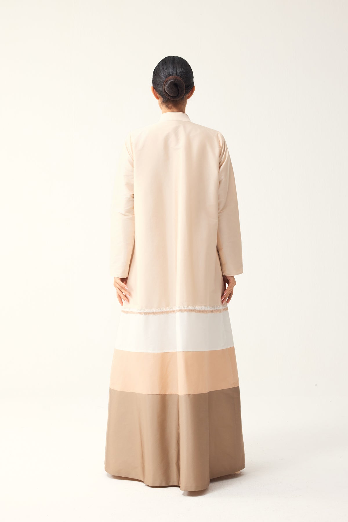 OFF-WHITE, CREAM AND LIGHT BROWN STRAIGHT FIT PANELLED ABAYA