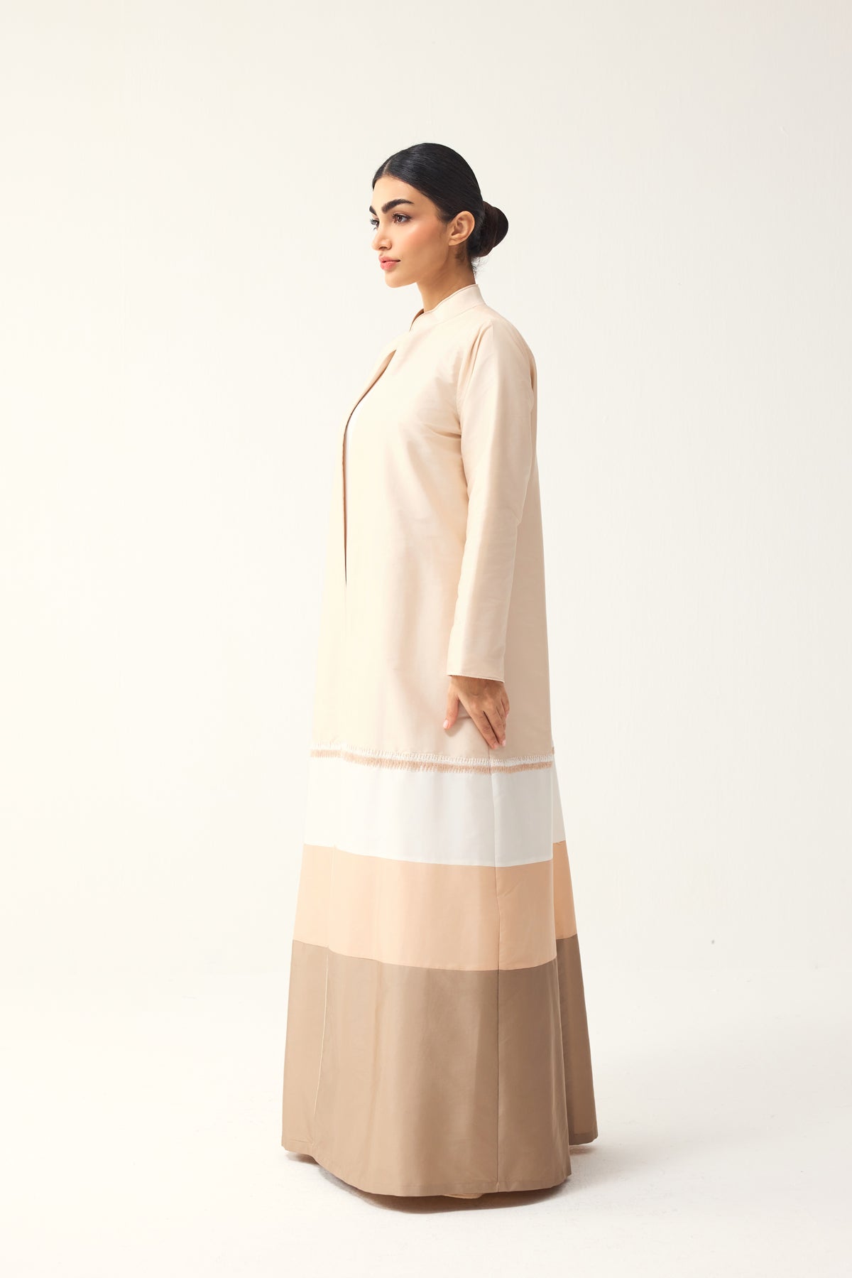 OFF-WHITE, CREAM AND LIGHT BROWN STRAIGHT FIT PANELLED ABAYA