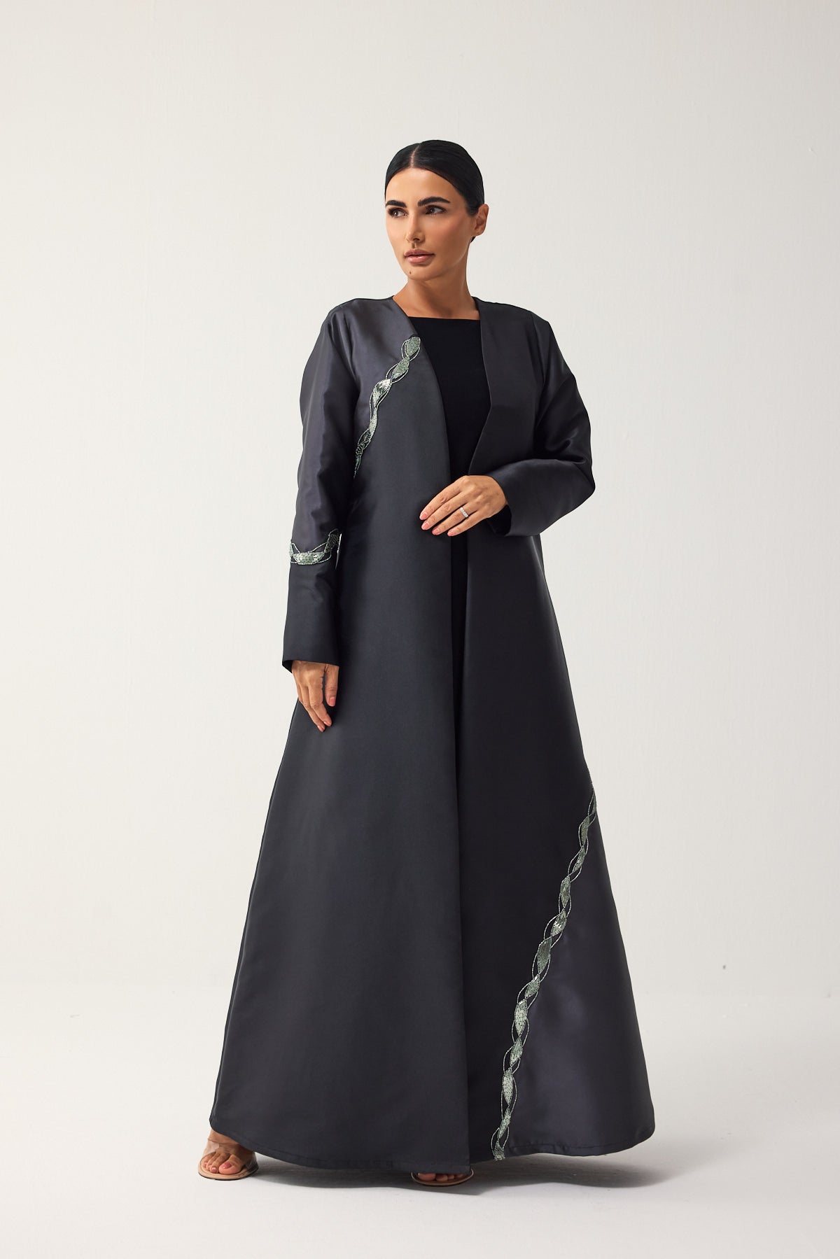 BLACK AND CHARCOAL A-LINE SATIN FORMAL ABAYA