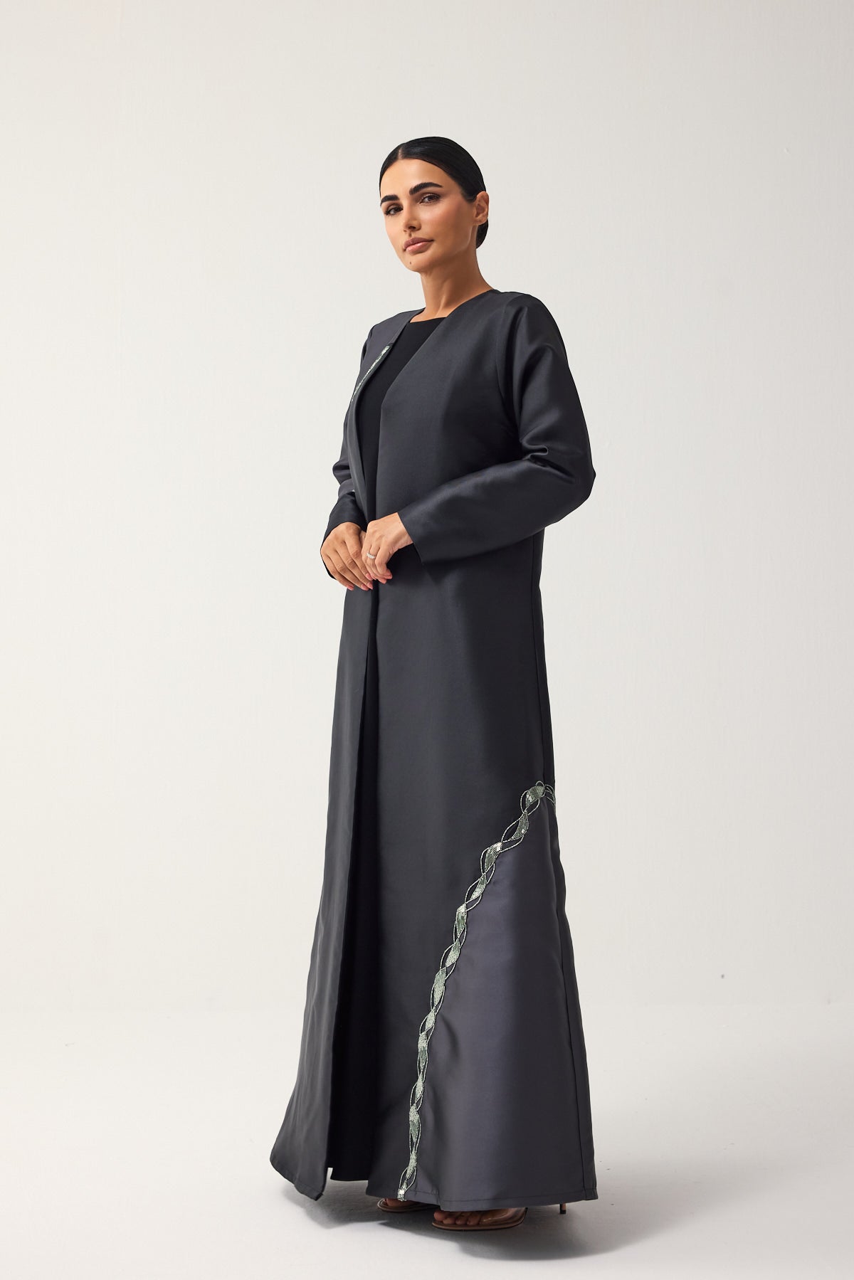 BLACK AND CHARCOAL A-LINE SATIN FORMAL ABAYA