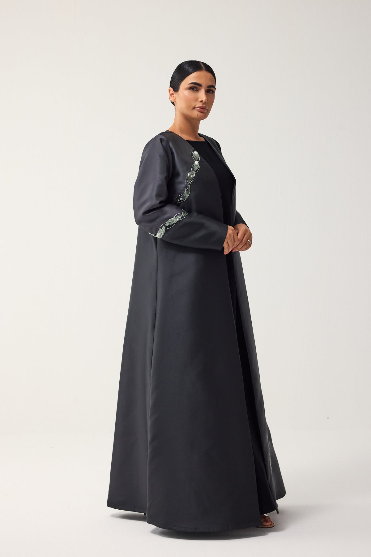BLACK AND CHARCOAL A-LINE SATIN FORMAL ABAYA